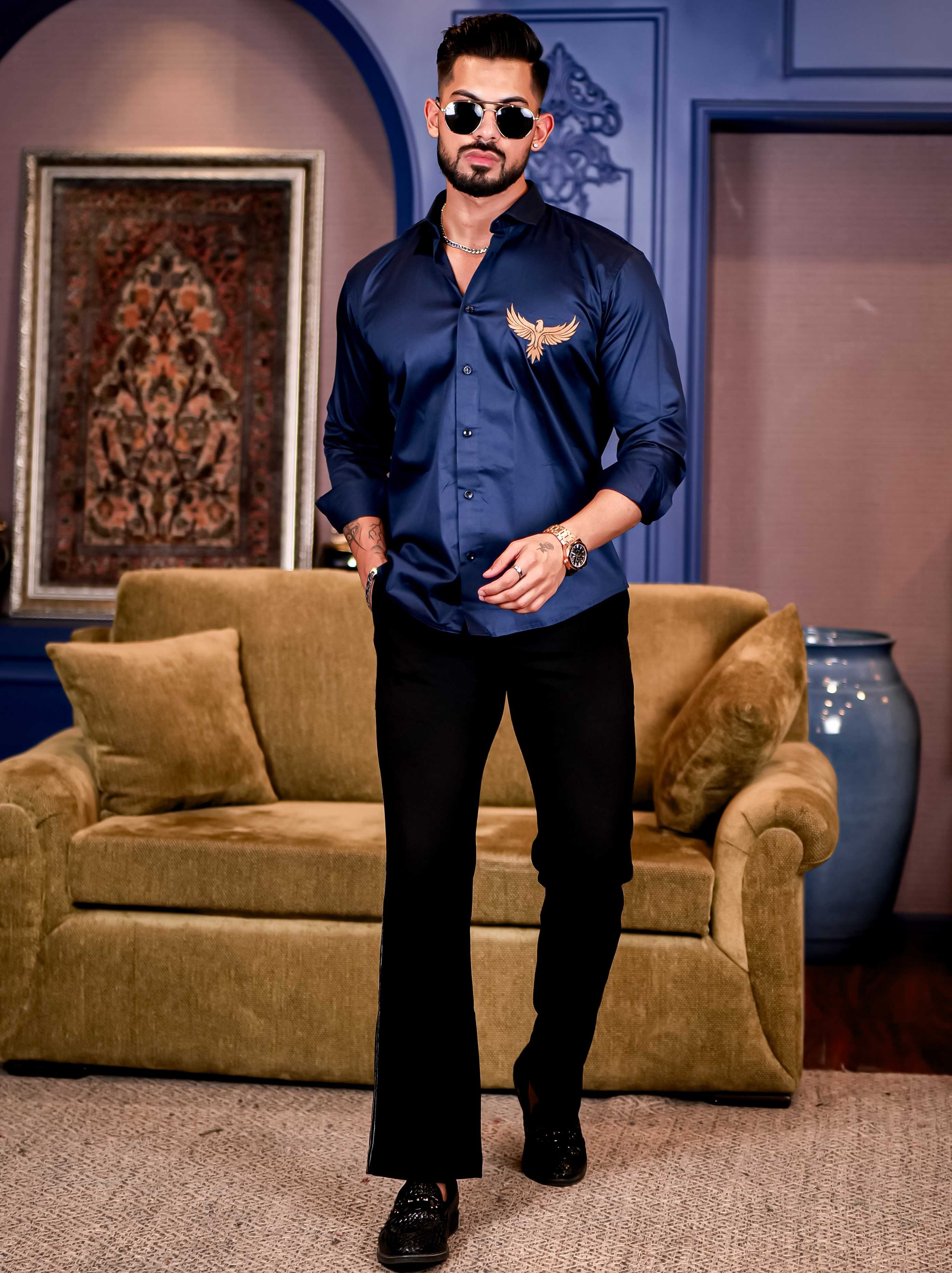 Falcon Navy Embroidered Club Wear Satin Cotton Shirt - Image 5