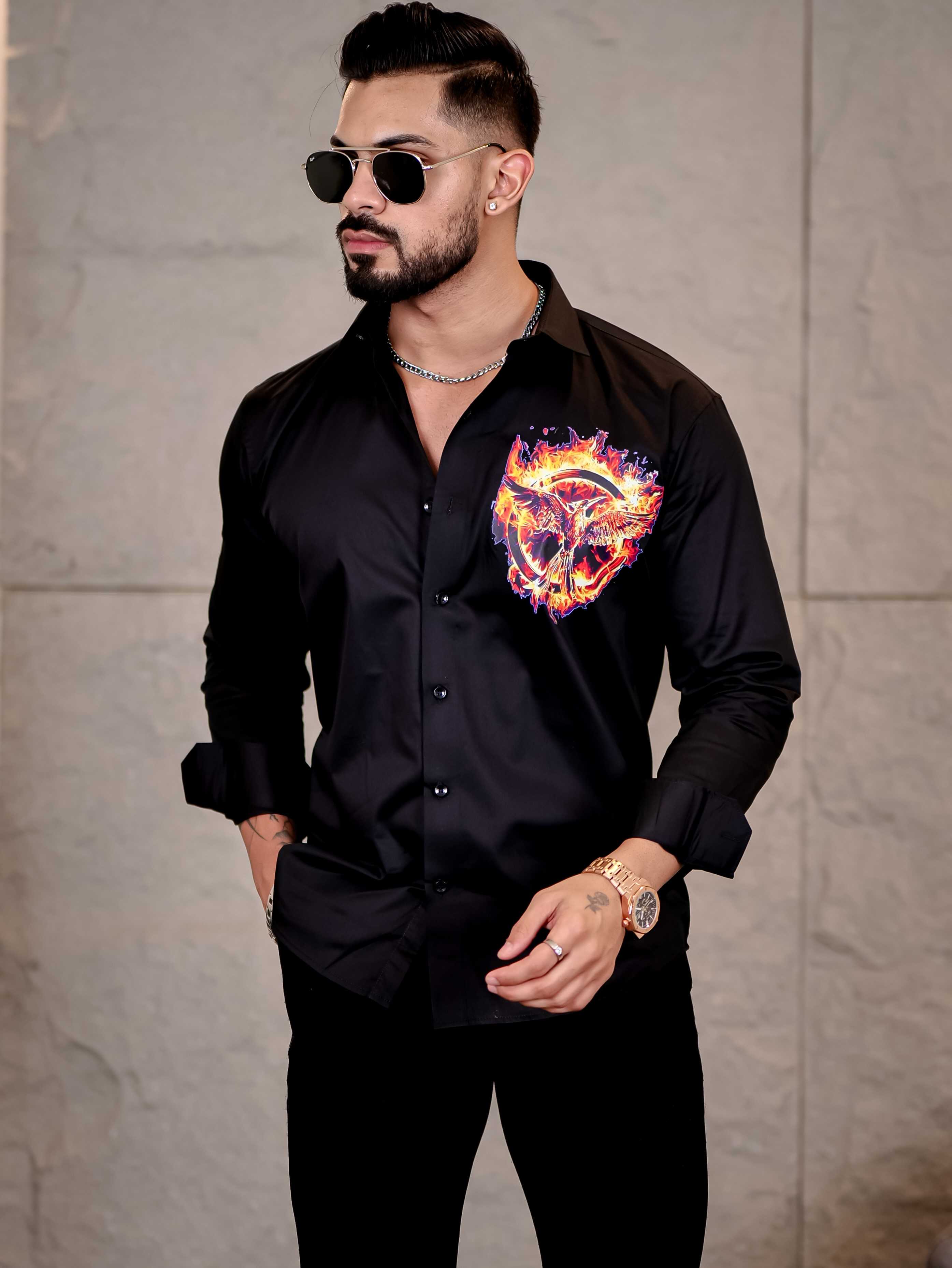 Flaming Mockingjay Black Club Wear Printed Satin Cotton Shirt - Image 4