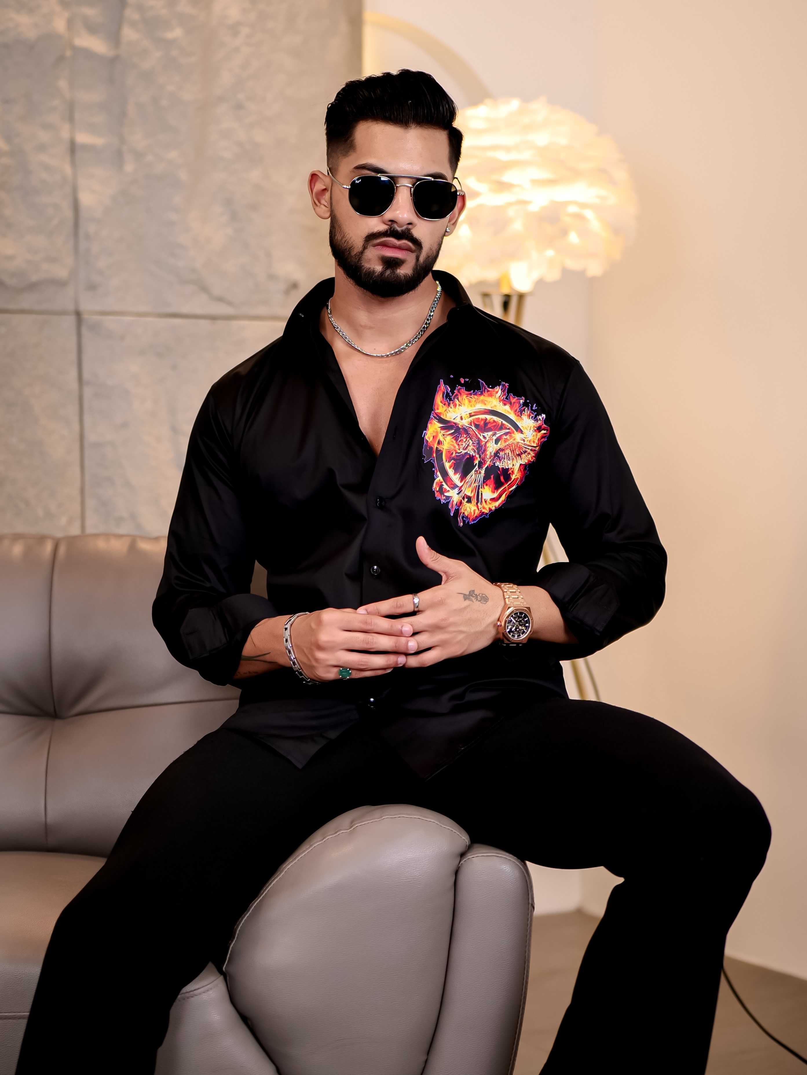 Flaming Mockingjay Black Club Wear Printed Satin Cotton Shirt - Image 5