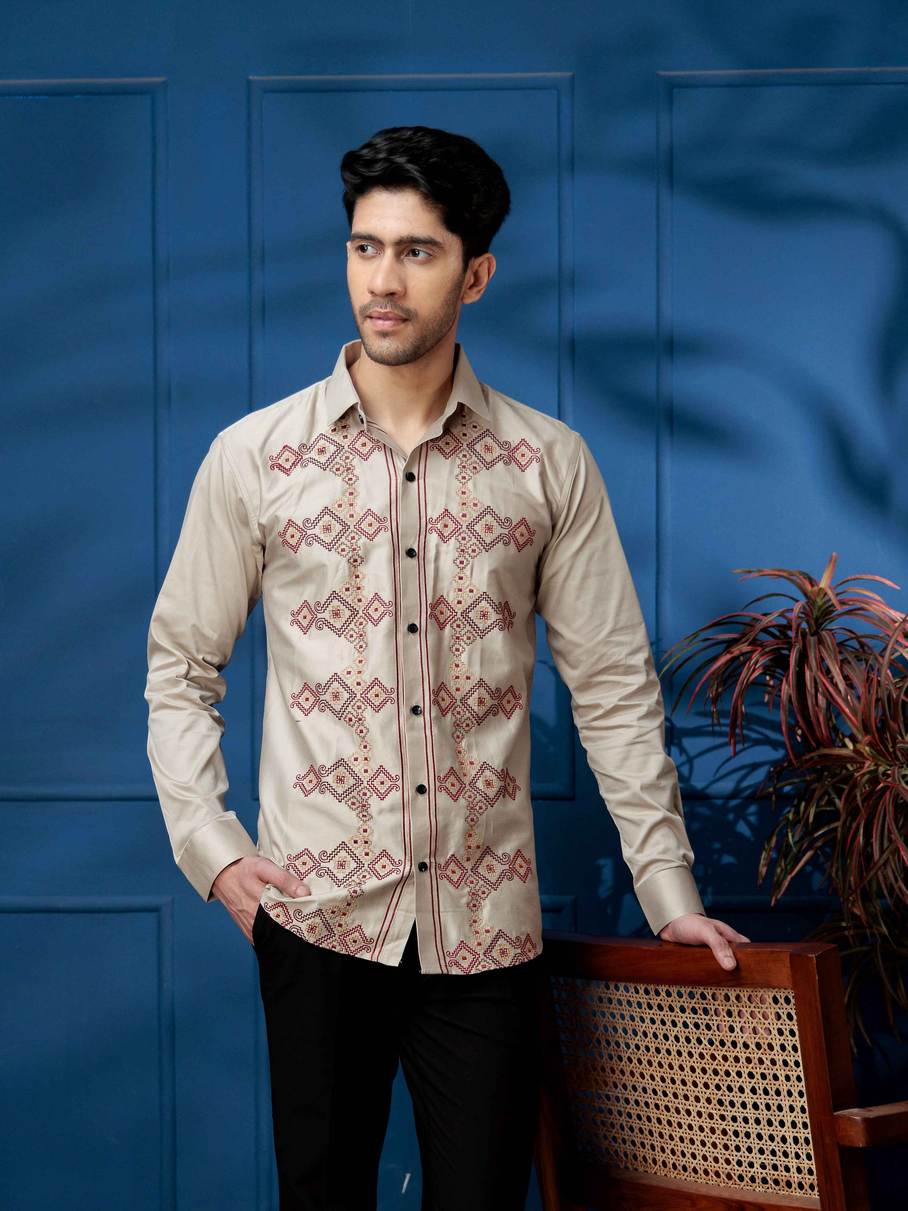 FOOMER BEIGE EMBROIDERED CLUB WEAR SATIN COTTON SHIRT