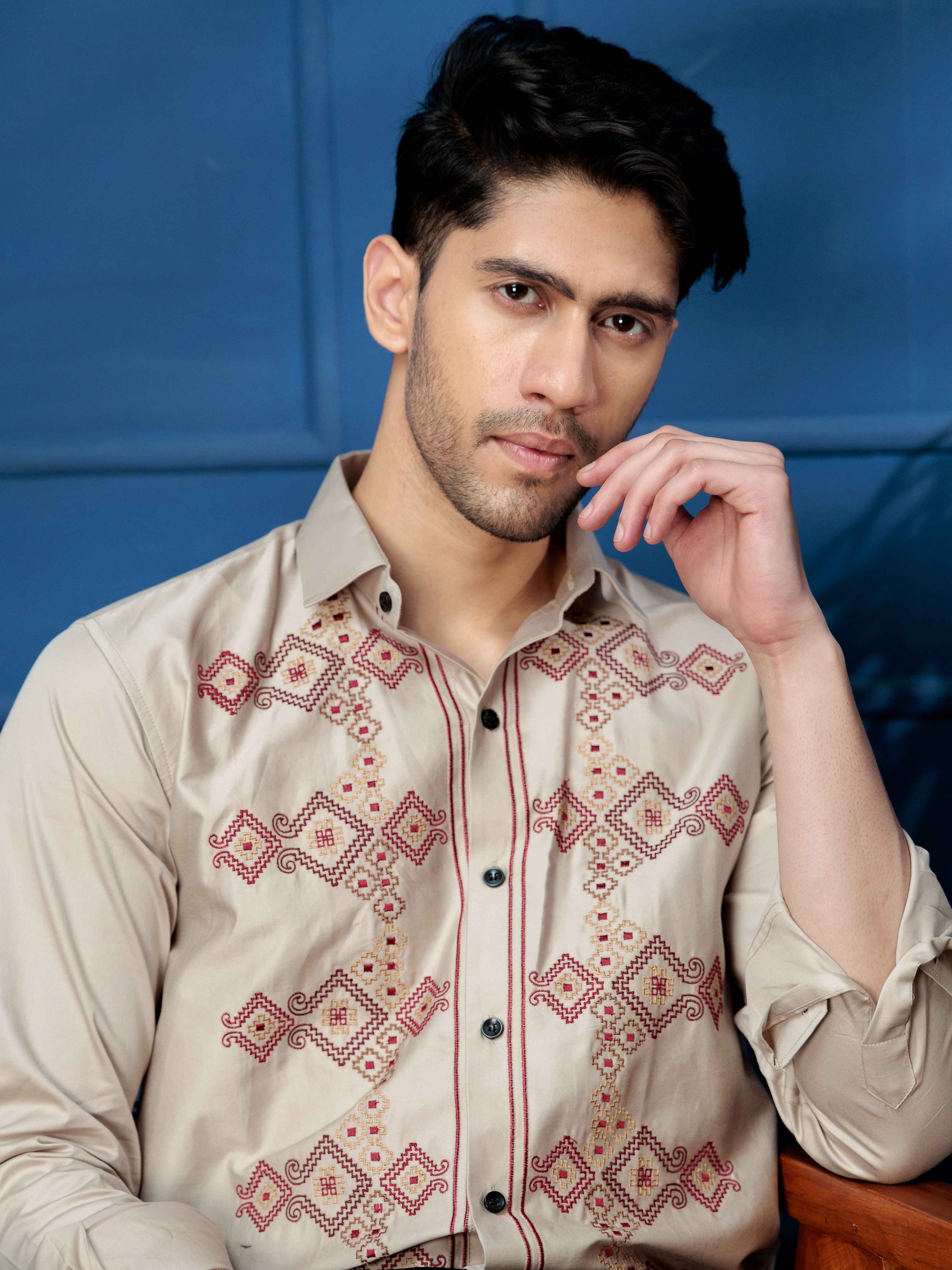 FOOMER BEIGE EMBROIDERED CLUB WEAR SATIN COTTON SHIRT - Image 2