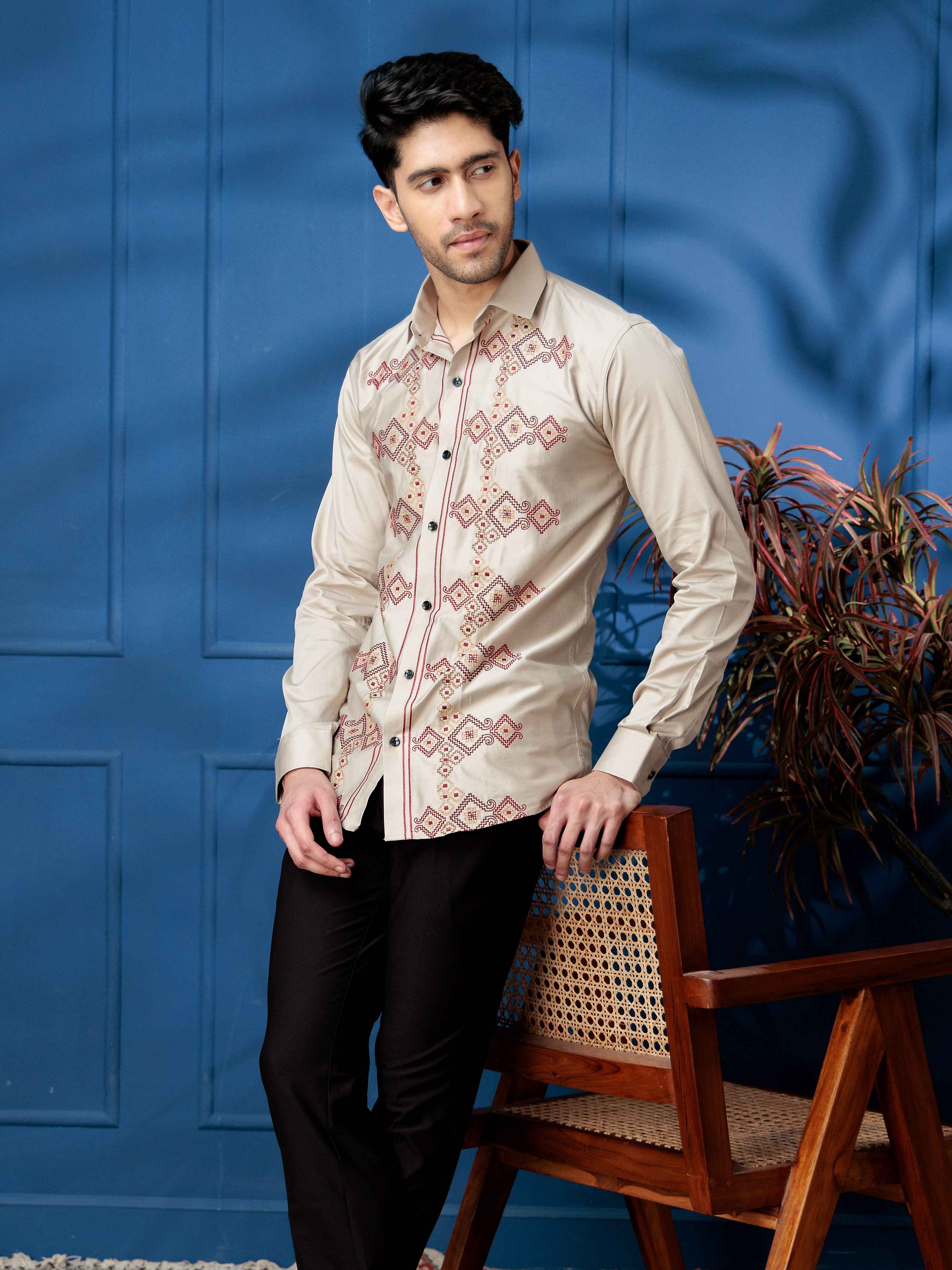 FOOMER BEIGE EMBROIDERED CLUB WEAR SATIN COTTON SHIRT - Image 4