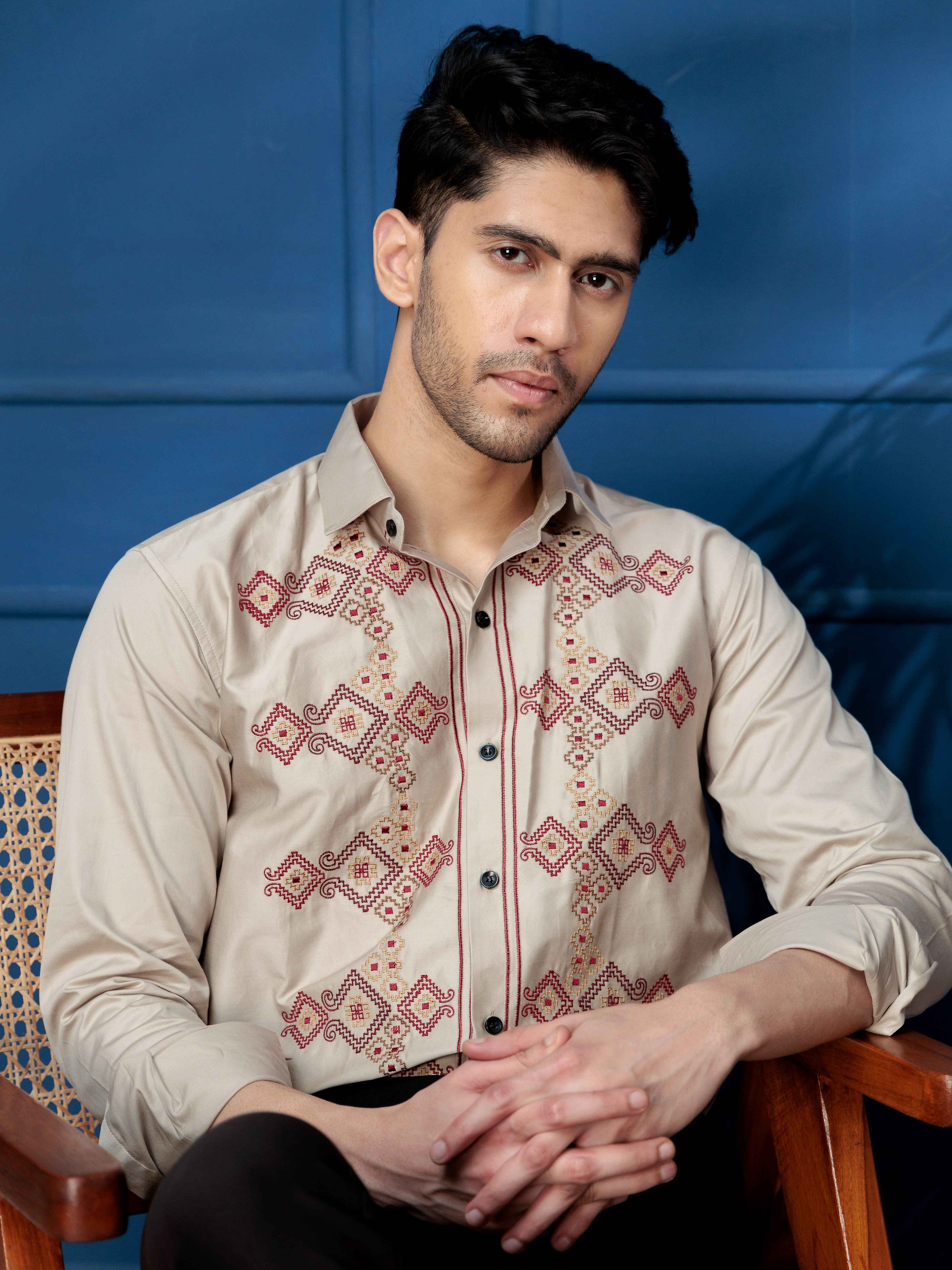 FOOMER BEIGE EMBROIDERED CLUB WEAR SATIN COTTON SHIRT - Image 5