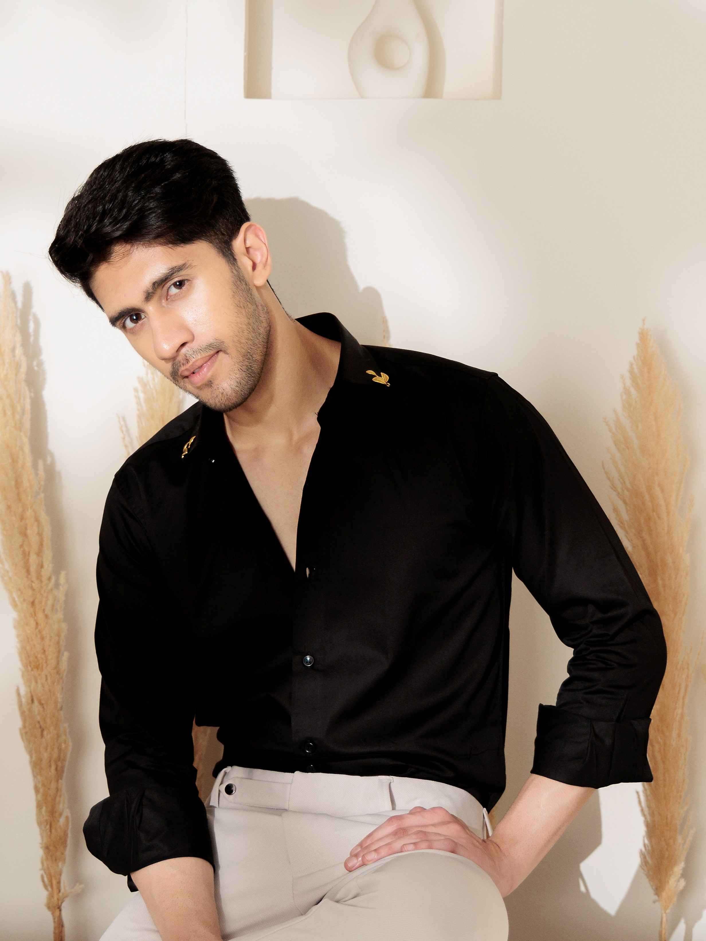 FOOMER BID LEAF BLACK DESIGNER SATIN COTTON SHIRT FOR MEN - Image 3