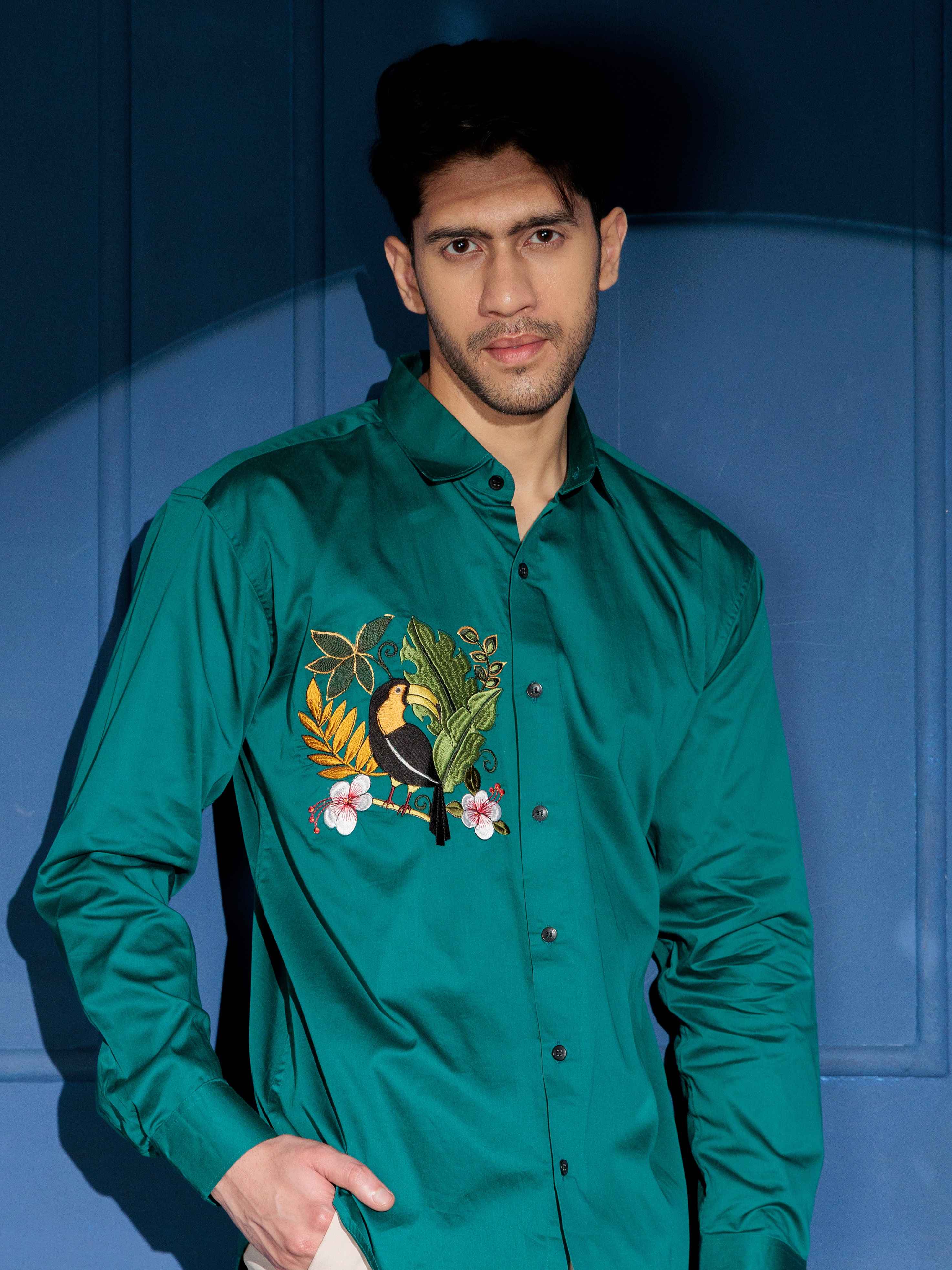FOOMER  BIRD NEST EMBROIDERED RAMA LUXURY COTTON SHIRT FOR MEN