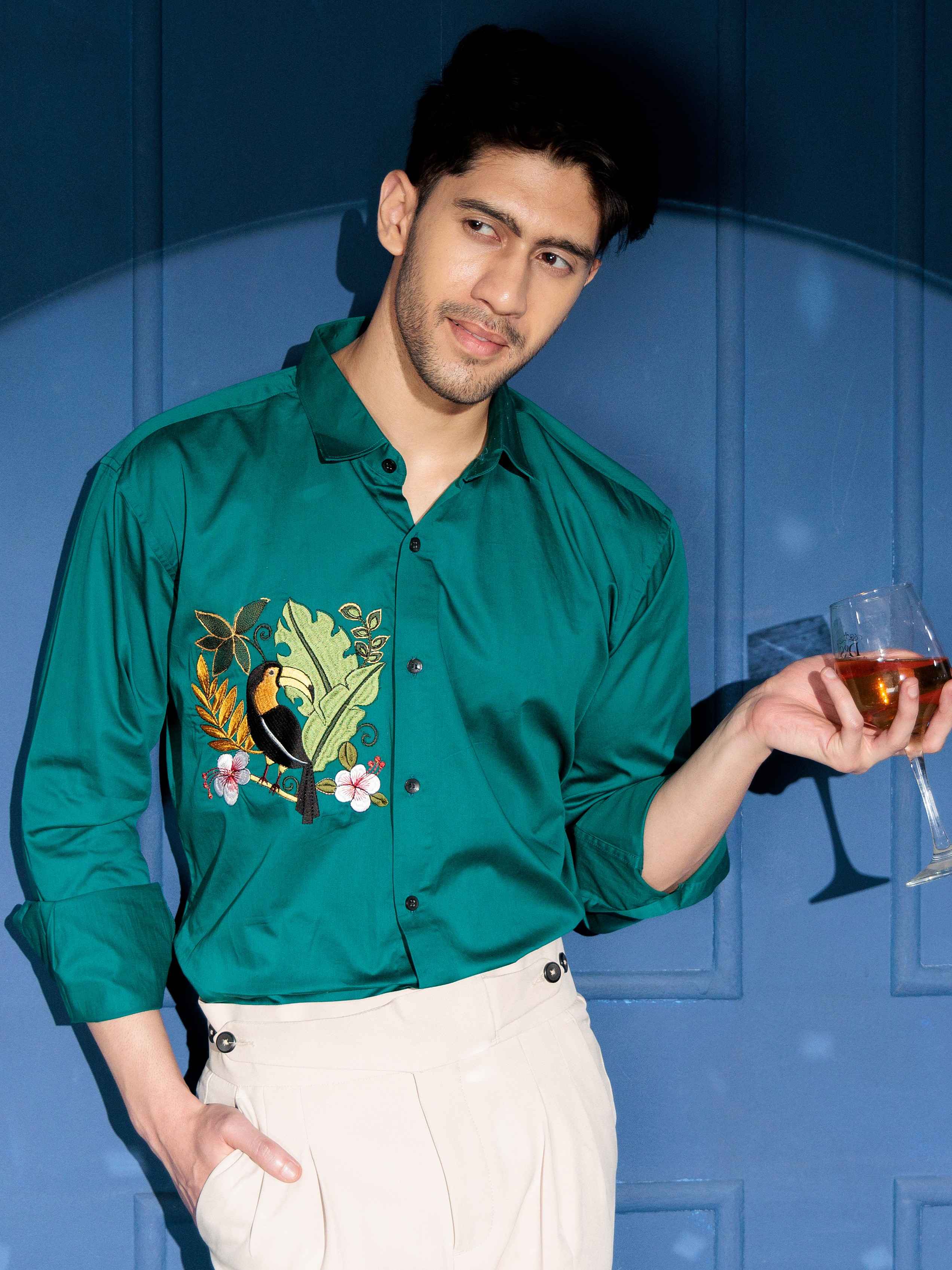 FOOMER  BIRD NEST EMBROIDERED RAMA LUXURY COTTON SHIRT FOR MEN - Image 5