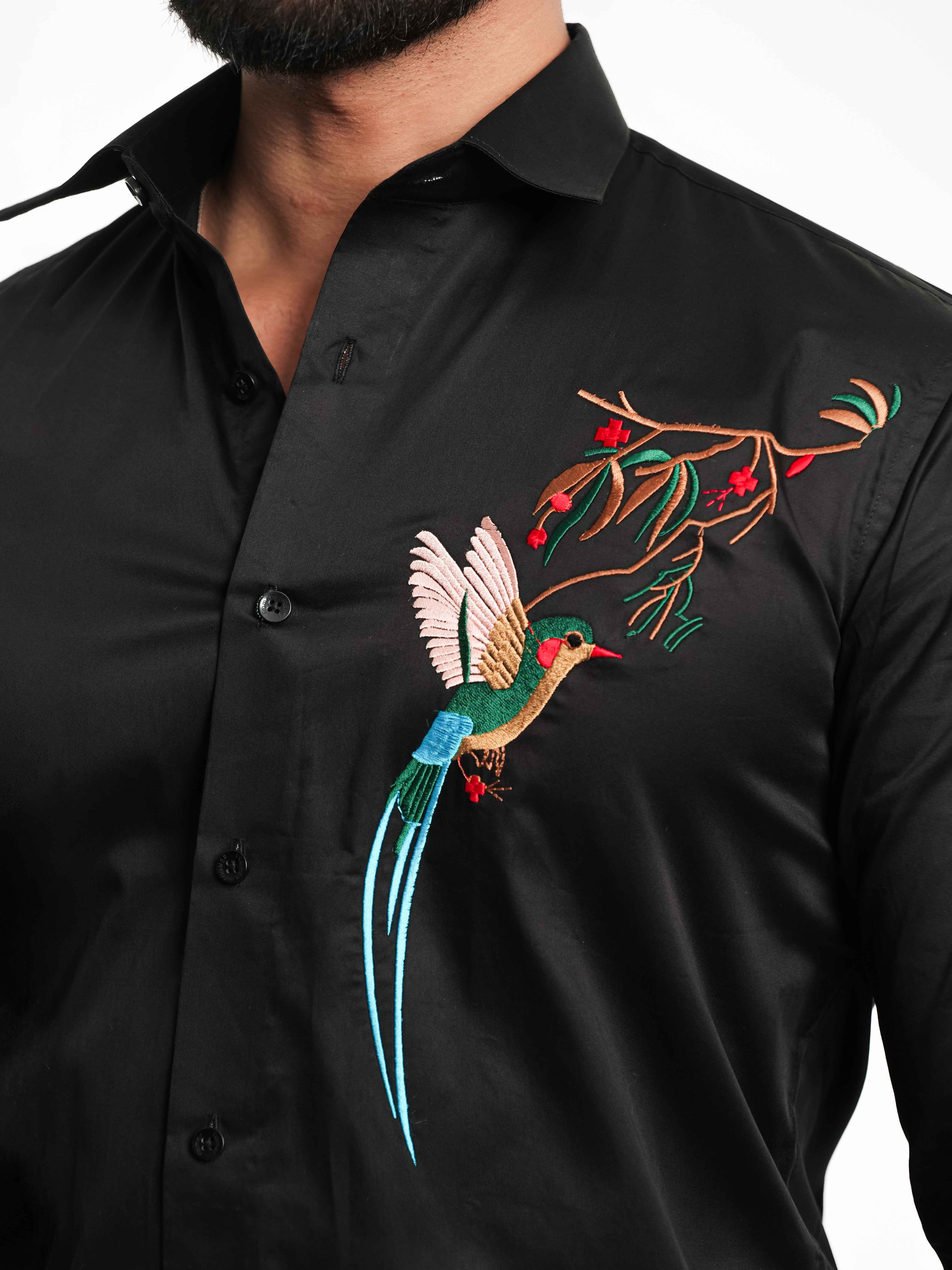 FOOMER BLACK BIRD EMBROIDERED DESIGNER WEAR SATIN COTTON SHIRT - Image 2