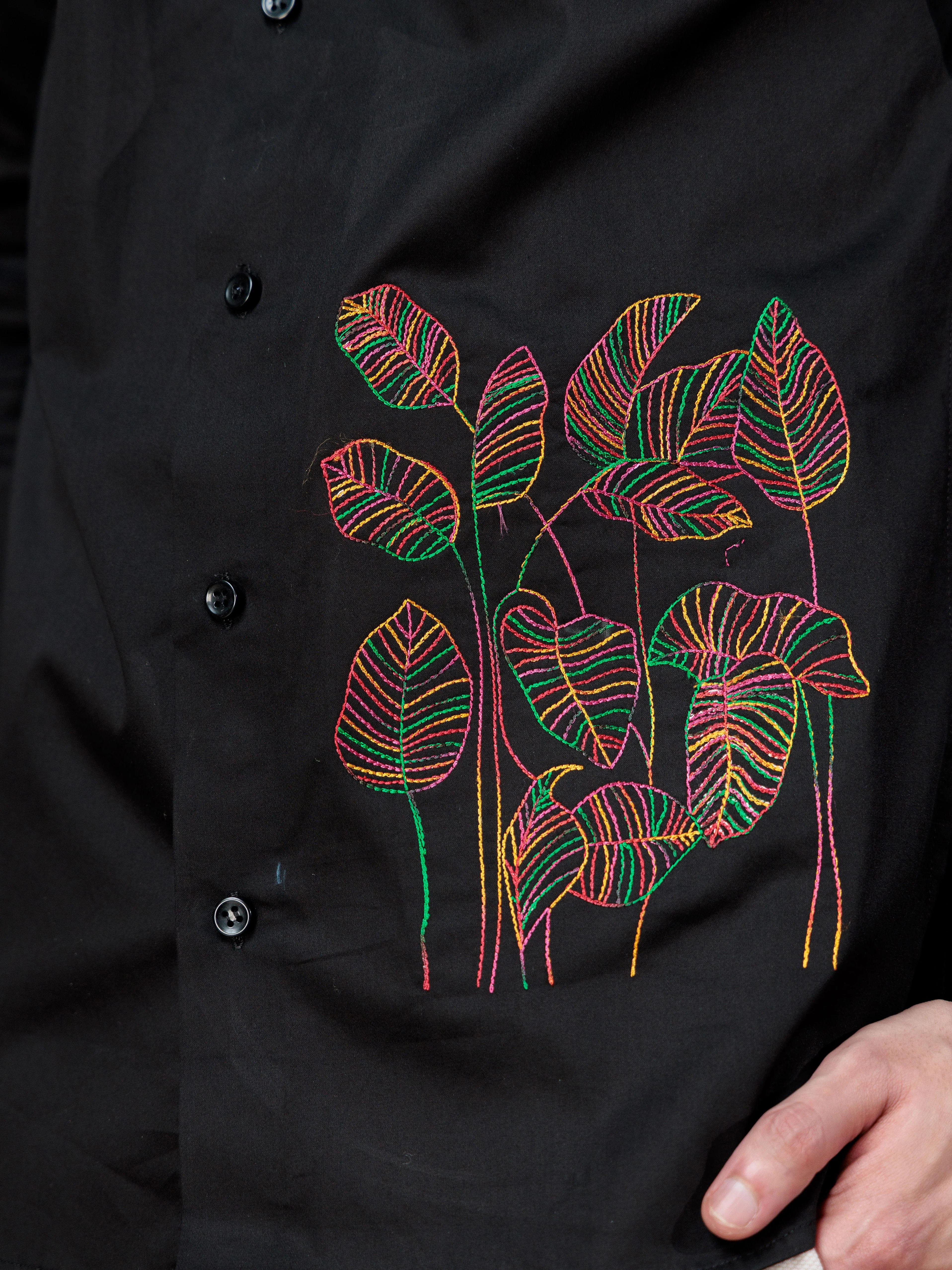 FOOMER LEAVES EMBROIDERED BLACK LUXURY COTTON SHIRT FOR MEN - Image 2