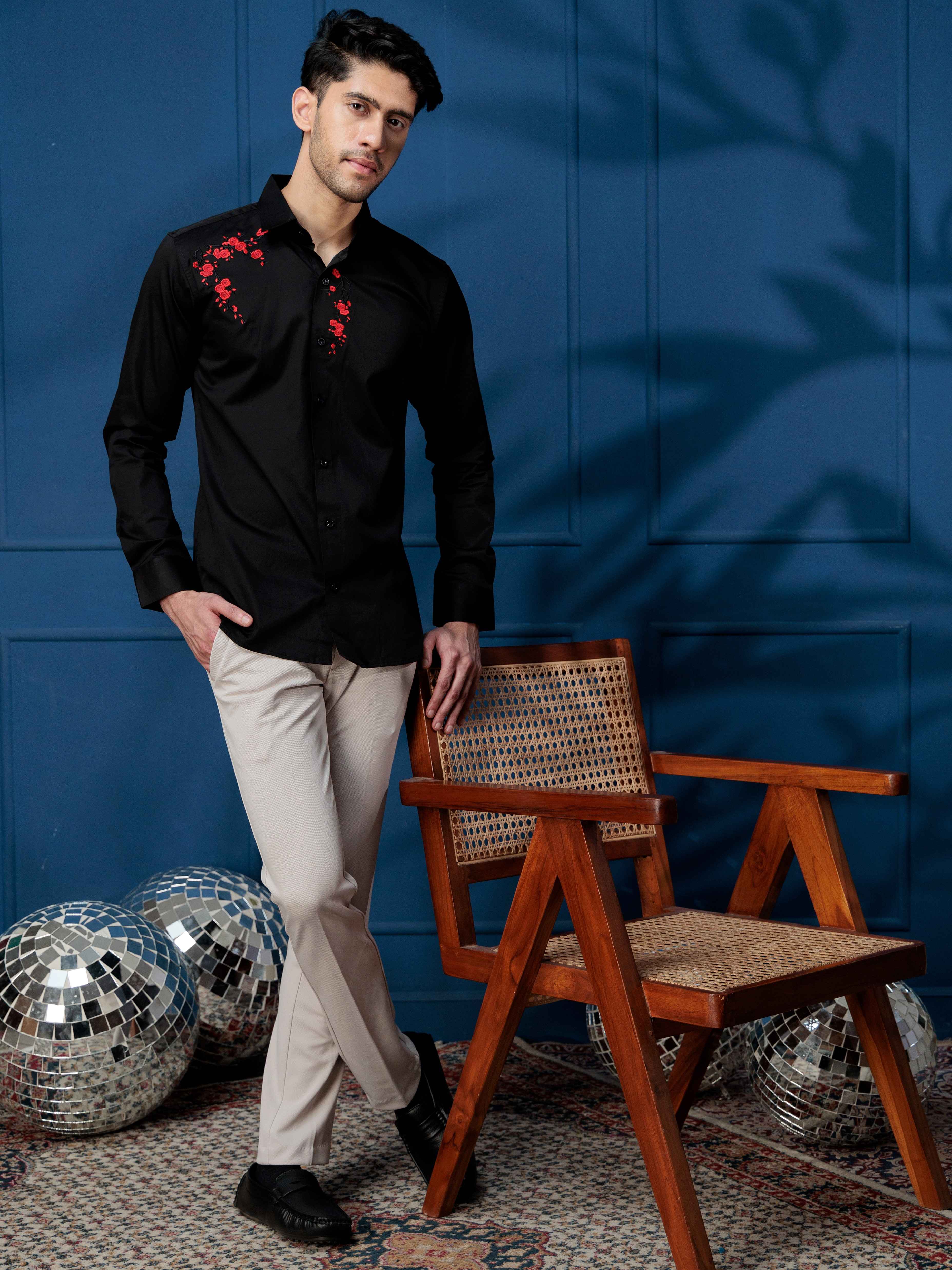 FOOMER BLACK FLOWER EMBROIDERED DESIGNER WEAR SATIN COTTON SHIRT FOR MEN - Image 3