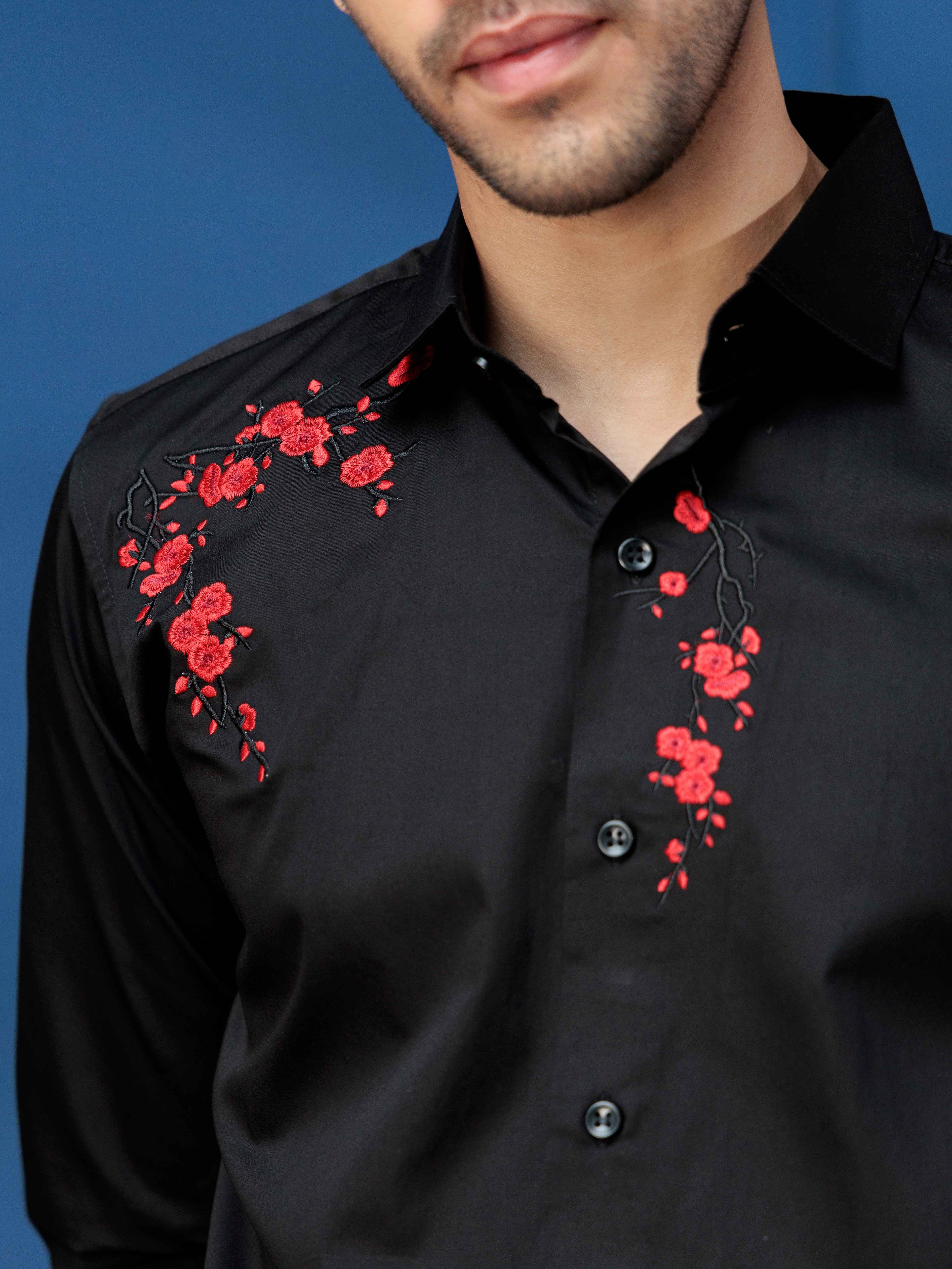 FOOMER BLACK FLOWER EMBROIDERED DESIGNER WEAR SATIN COTTON SHIRT FOR MEN - Image 4