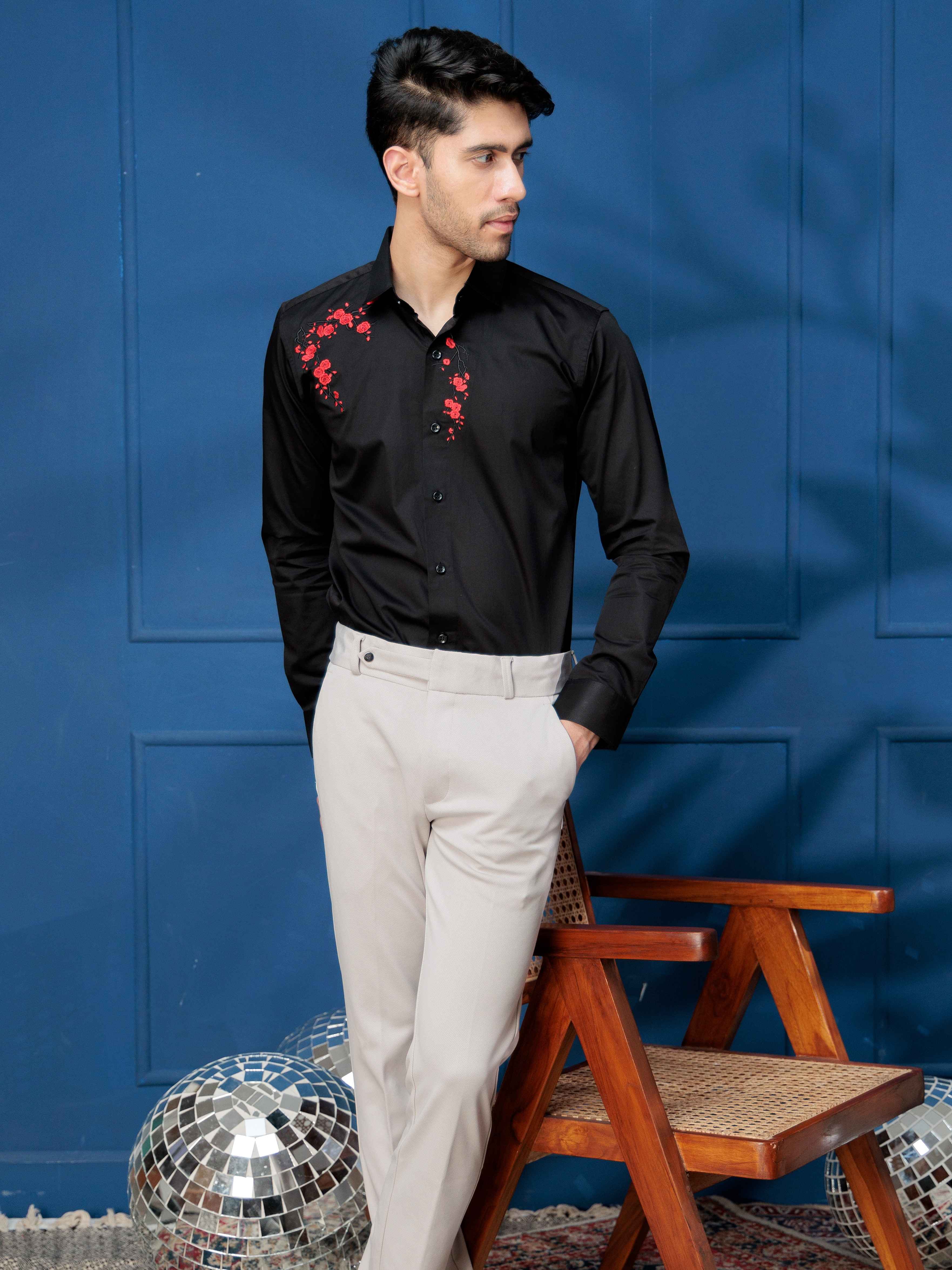FOOMER BLACK FLOWER EMBROIDERED DESIGNER WEAR SATIN COTTON SHIRT FOR MEN - Image 7