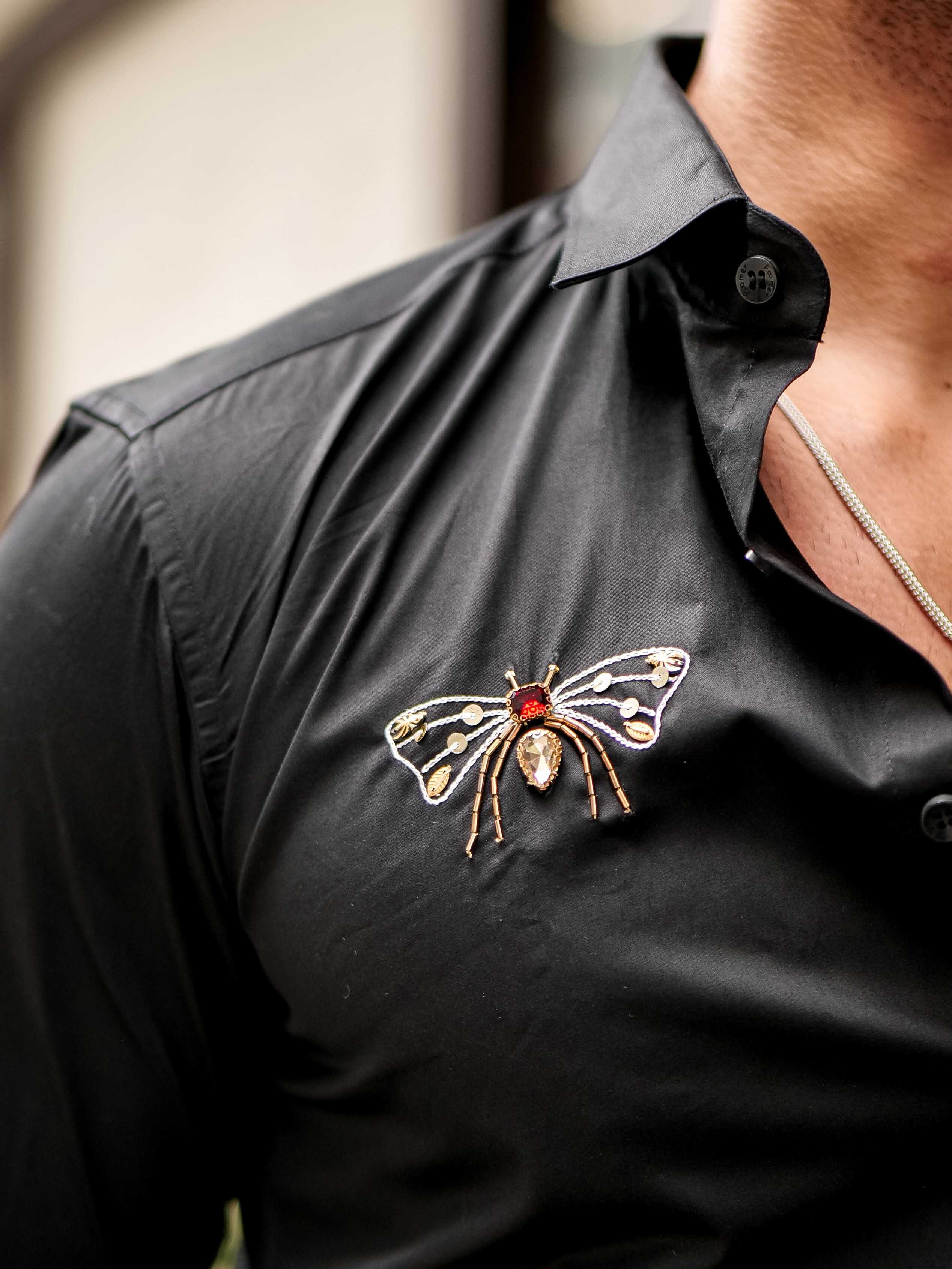 FOOMER BLACK RHINESTONE HAND WORK SATIN COTTON PREMIUM MEN'S SHIRT - Image 2