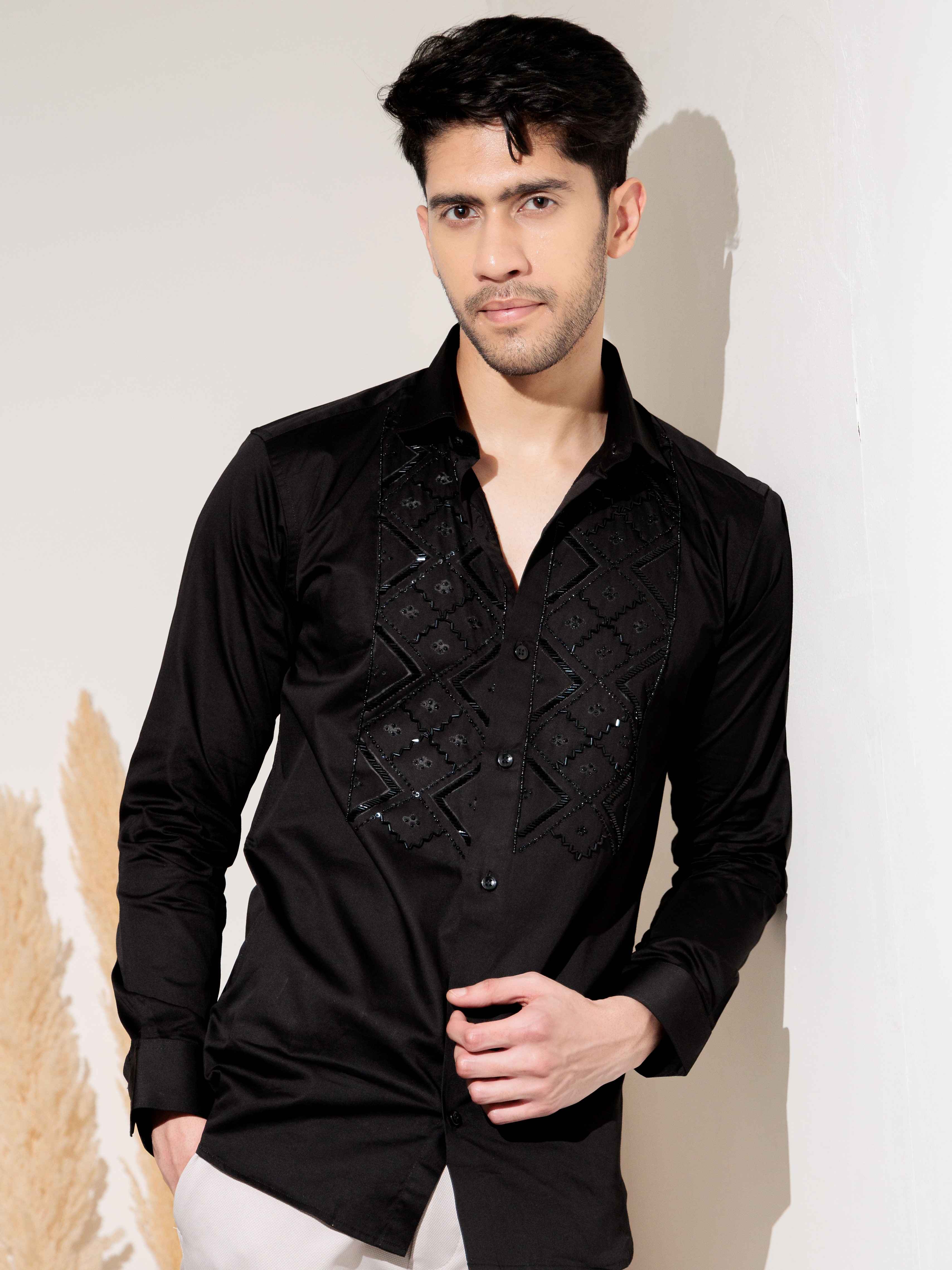 FOOMER BLACK RHINESTONE HAND WORK SATIN COTTON SHIRT FOR MEN - Image 4