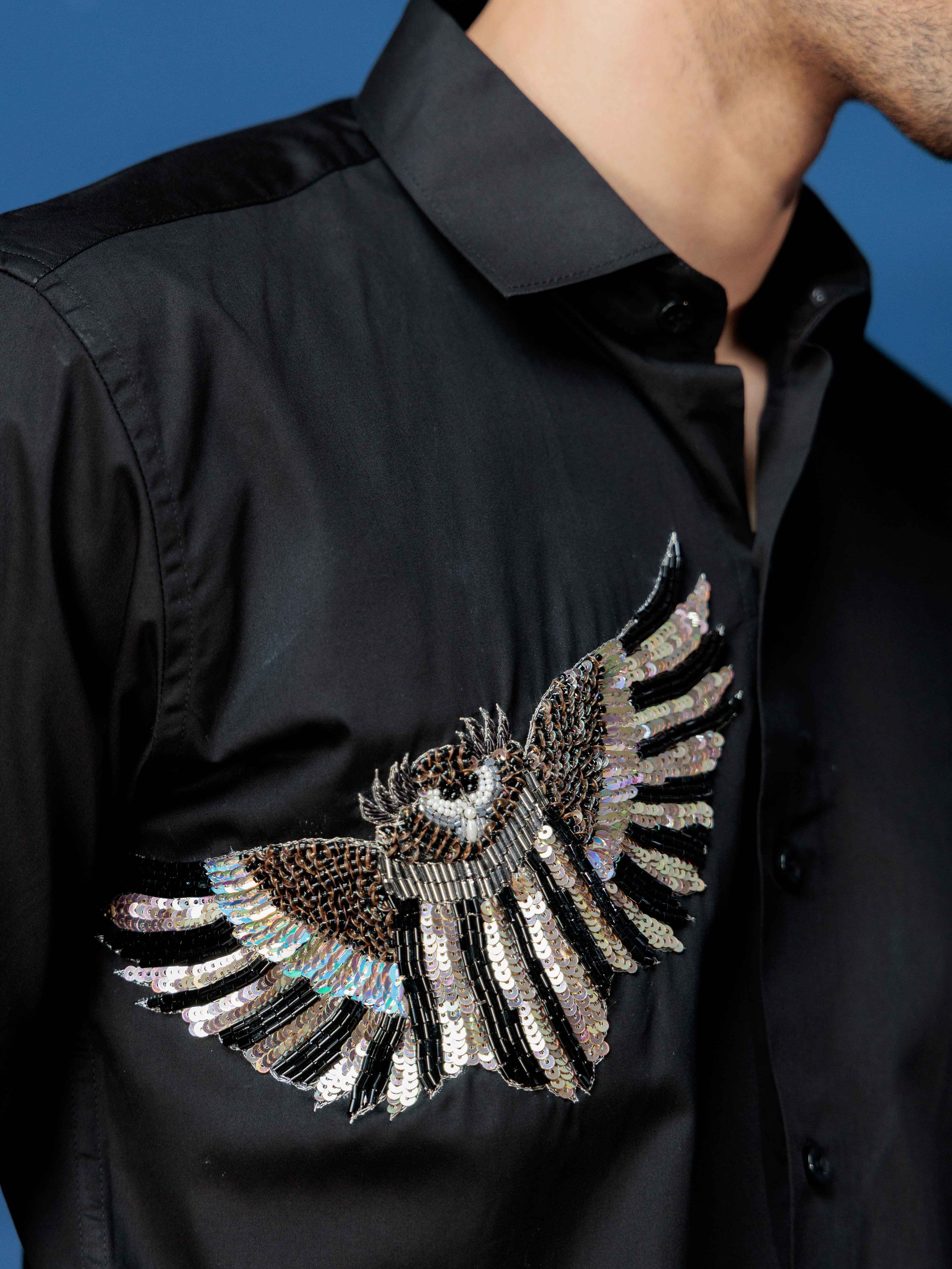 FOOMER BLACK RHINESTONE PARTY SATIN COTTON SHIRT FOR MEN - Image 2