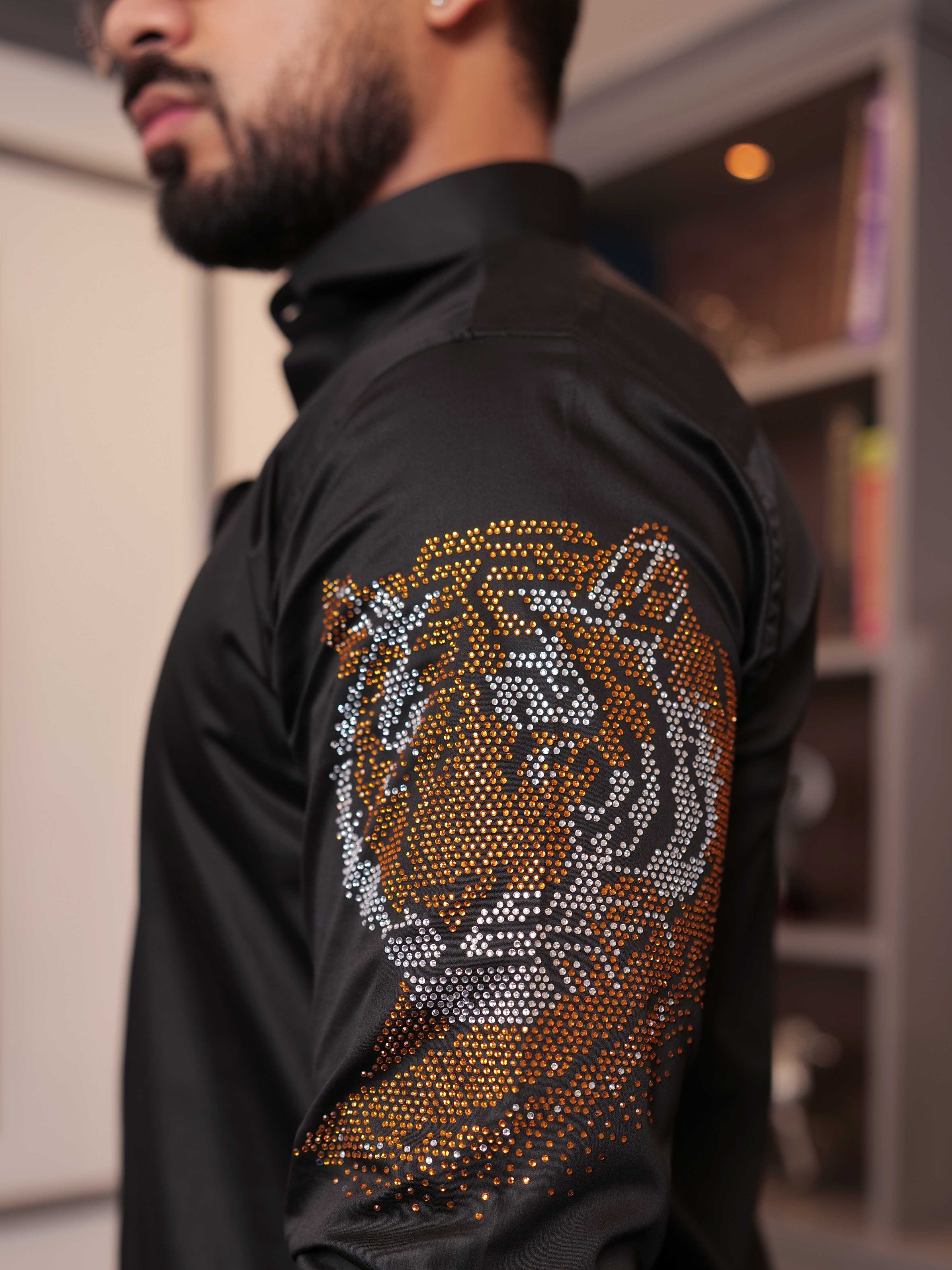 FOOMER BLACK STARRY BEADED TIGER CLUB WEAR SATIN COTTON SHIRT FOR MEN'S - Image 2