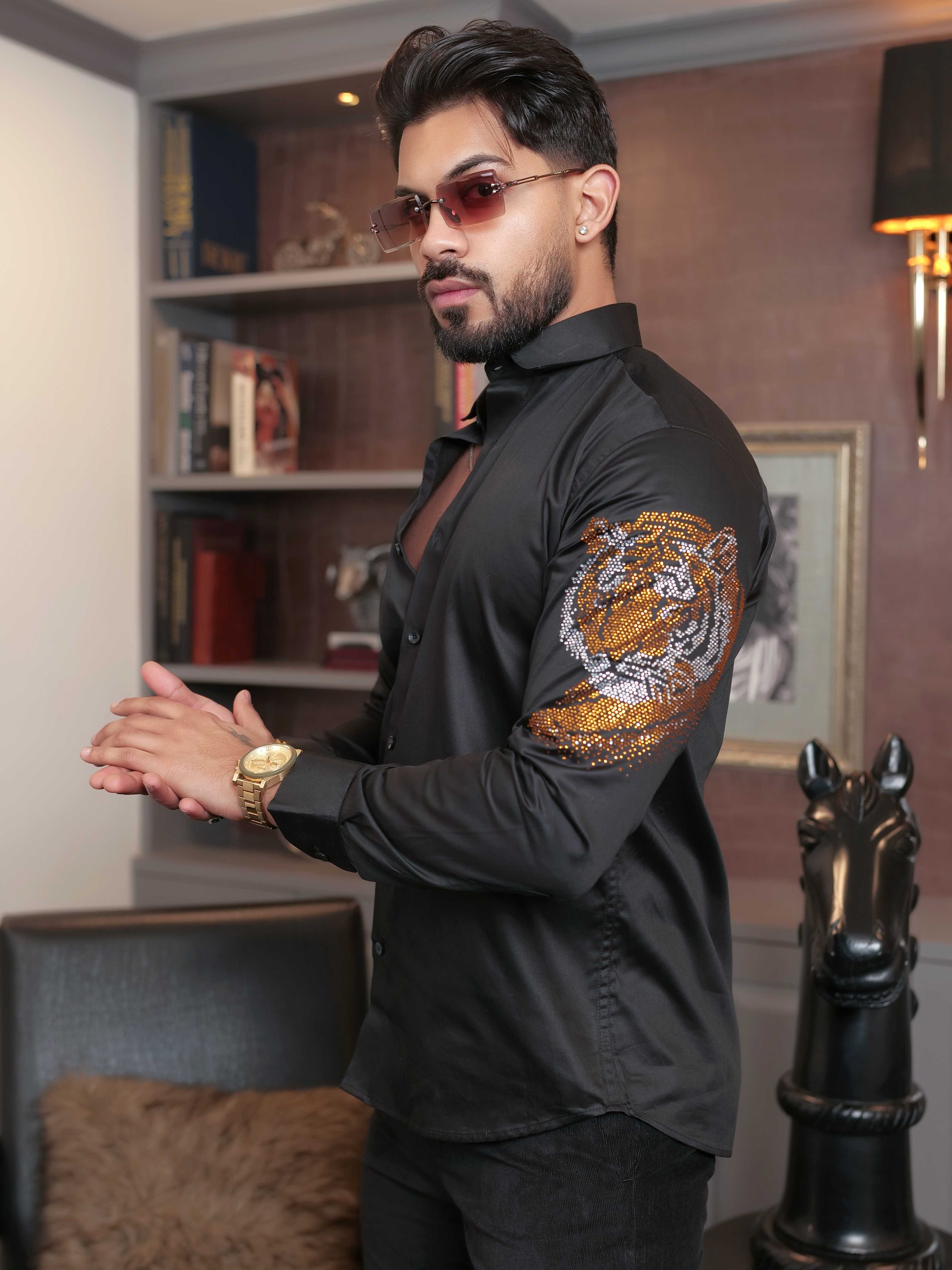 FOOMER BLACK STARRY BEADED TIGER CLUB WEAR SATIN COTTON SHIRT FOR MEN'S - Image 3