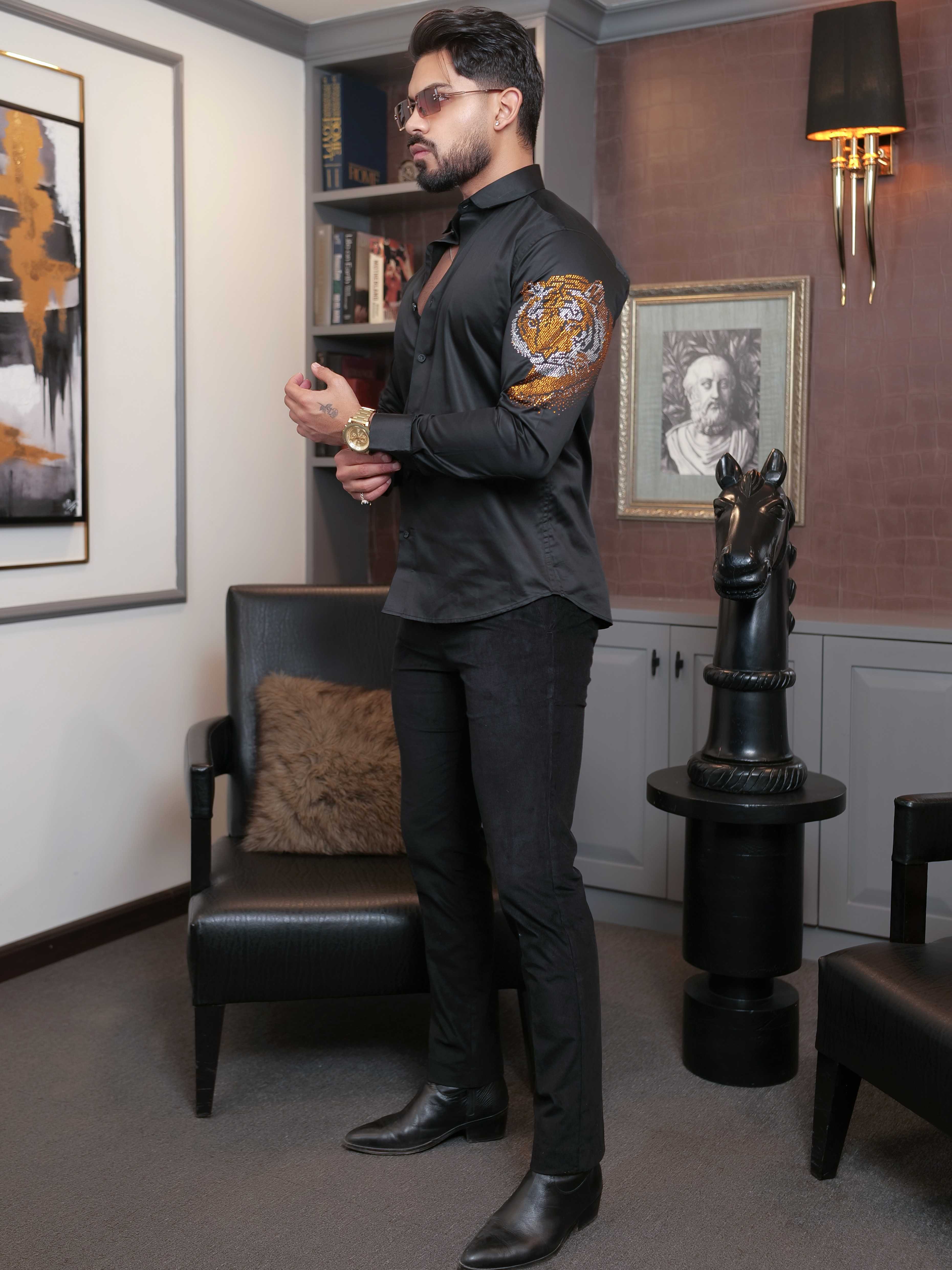 FOOMER BLACK STARRY BEADED TIGER CLUB WEAR SATIN COTTON SHIRT FOR MEN'S - Image 4