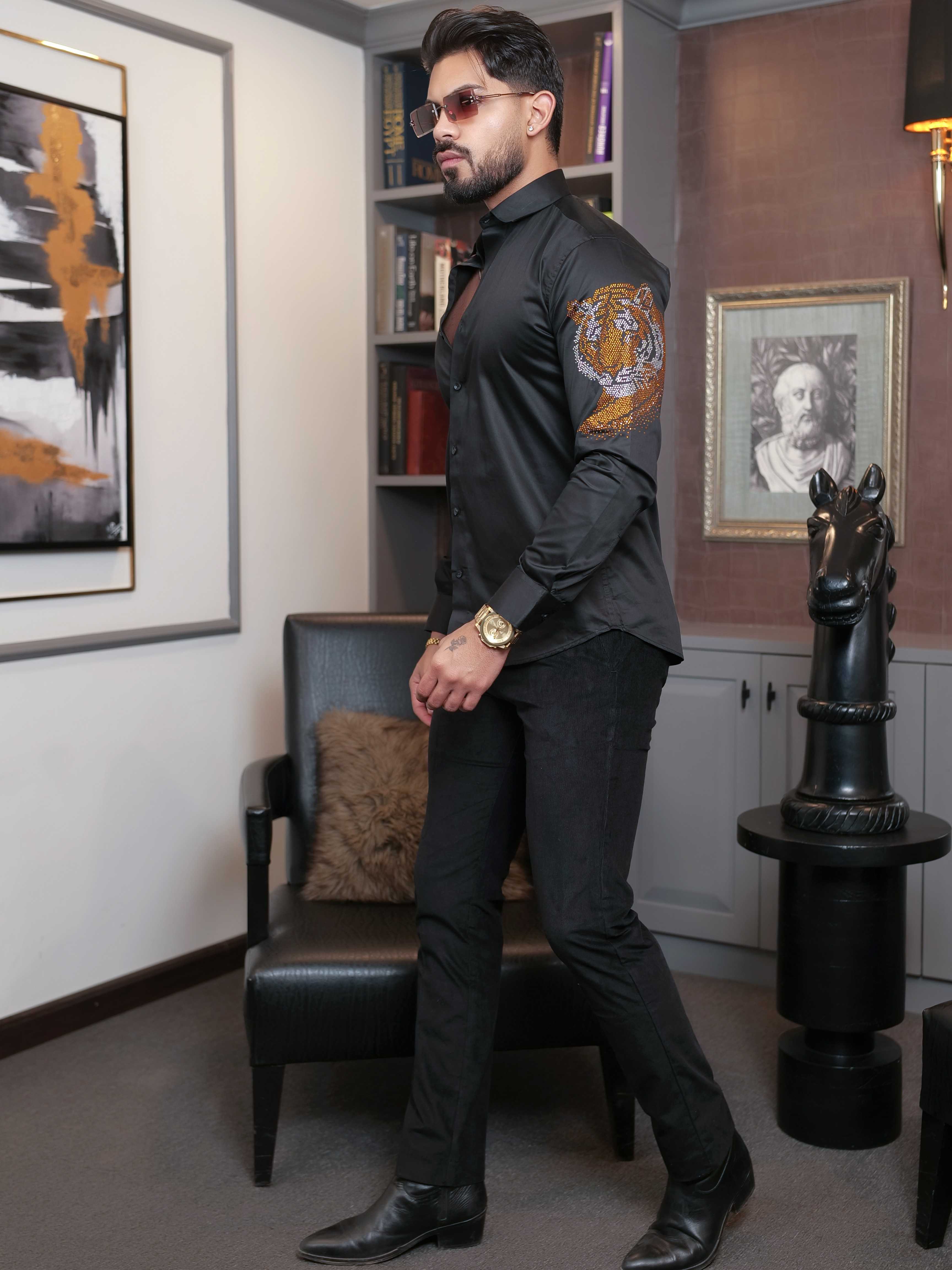 FOOMER BLACK STARRY BEADED TIGER CLUB WEAR SATIN COTTON SHIRT FOR MEN'S - Image 5