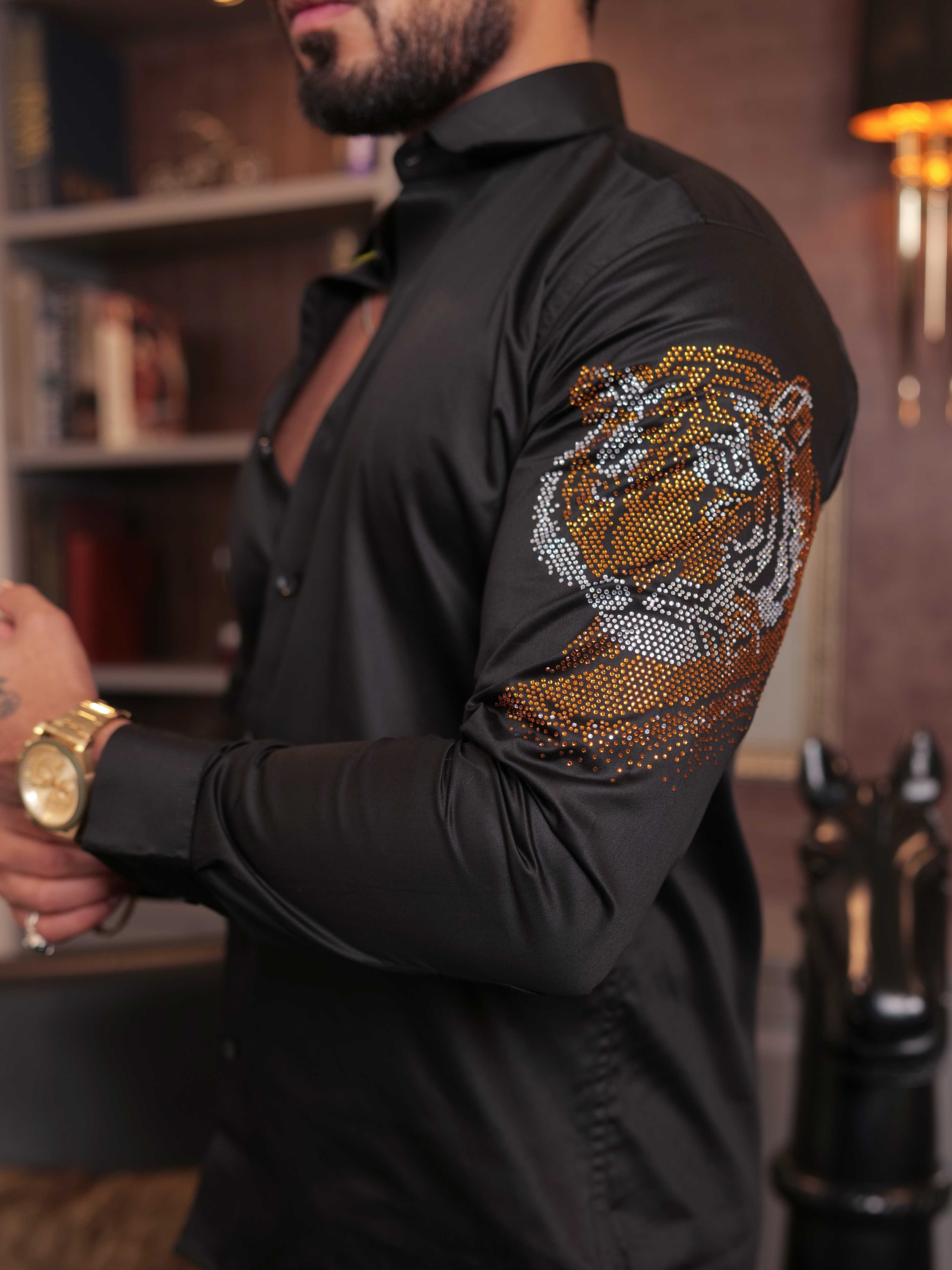 FOOMER BLACK STARRY BEADED TIGER CLUB WEAR SATIN COTTON SHIRT FOR MEN'S - Image 7