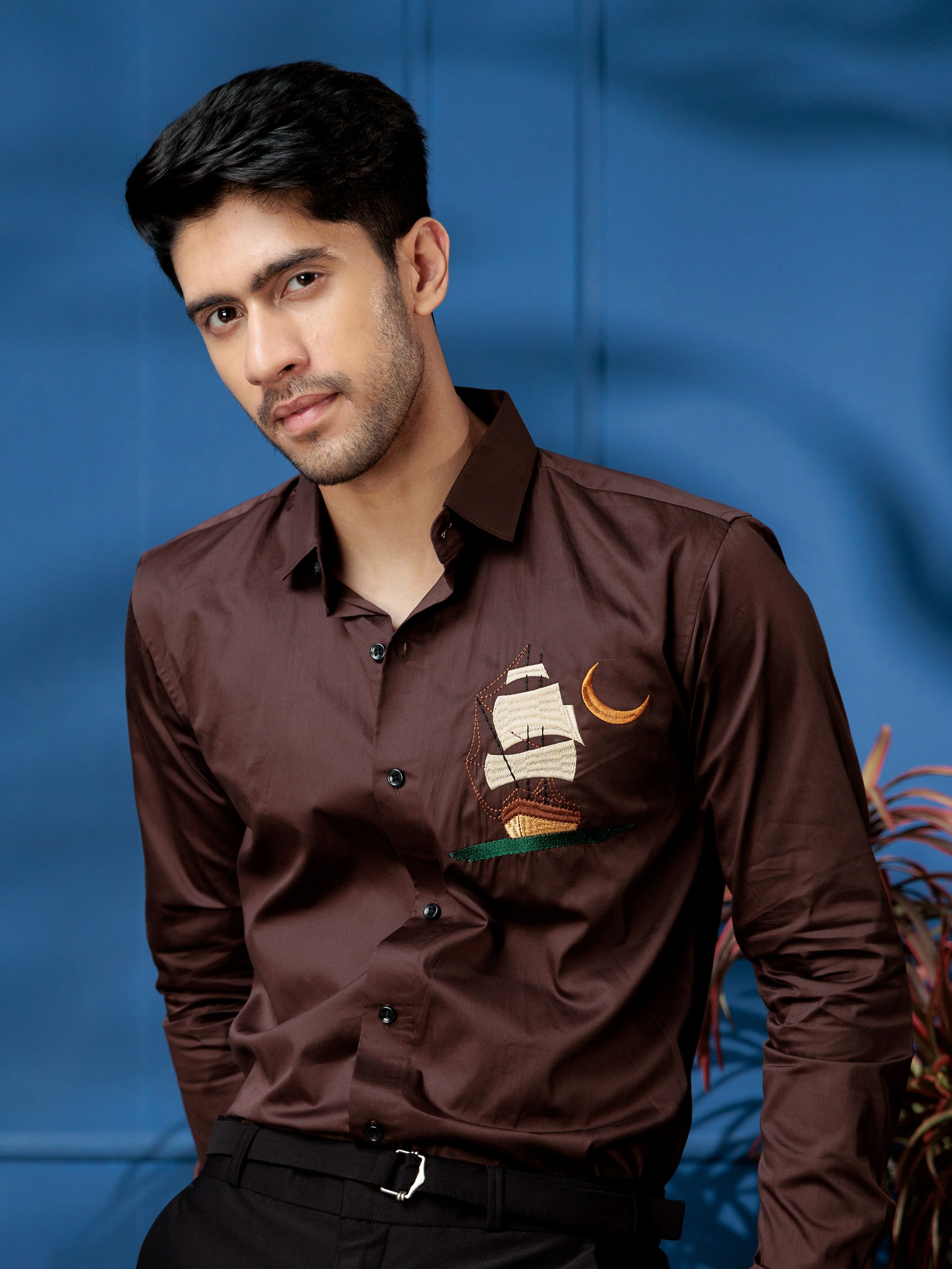 FOOMER BROWN BOAT EMBROIDERED CLUB WEAR SATIN COTTON SHIRT