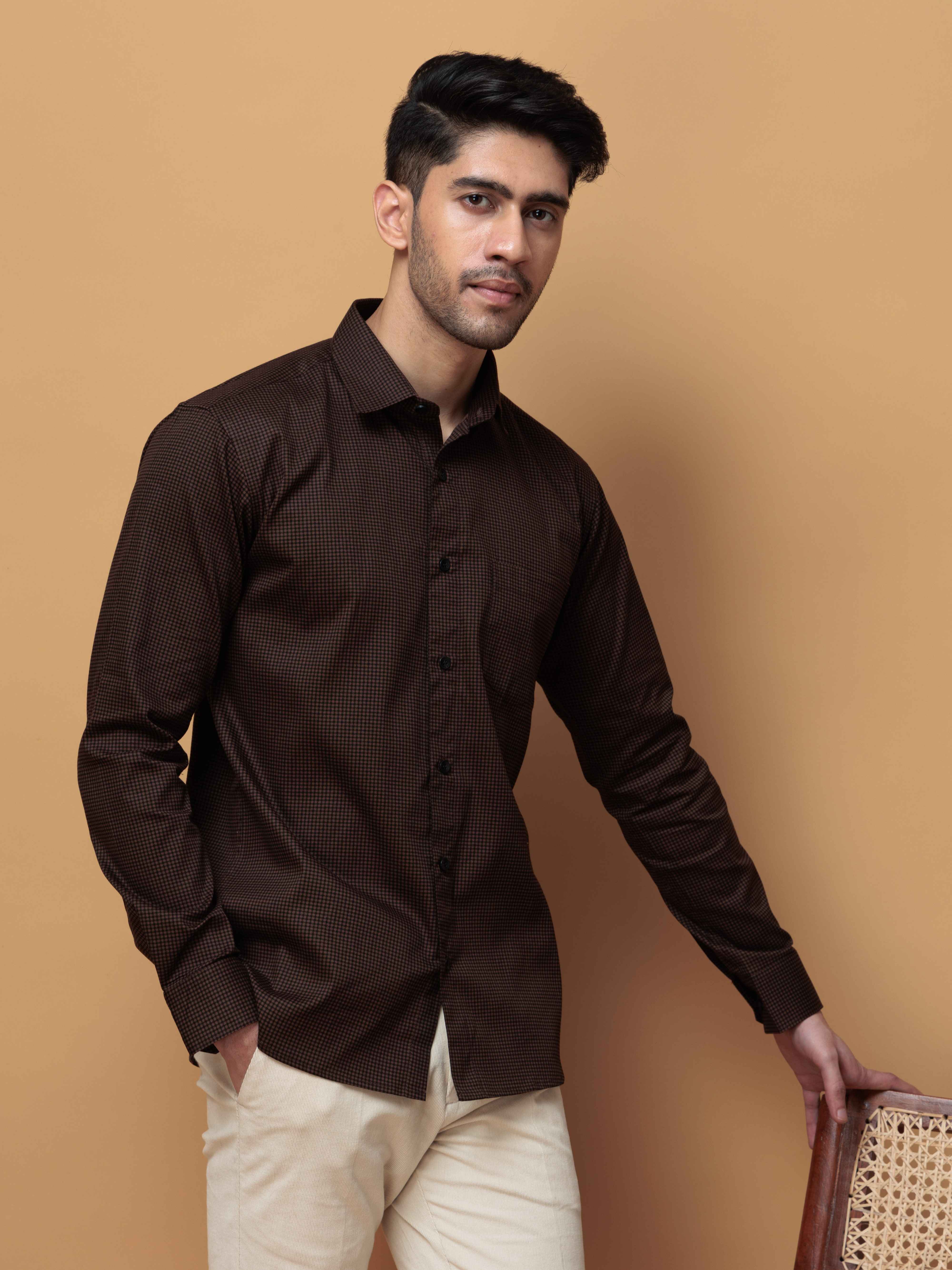 FOOMER BROWN MINI CHECKED COTTON CASUAL SHIRT FOR MEN'S - Image 2
