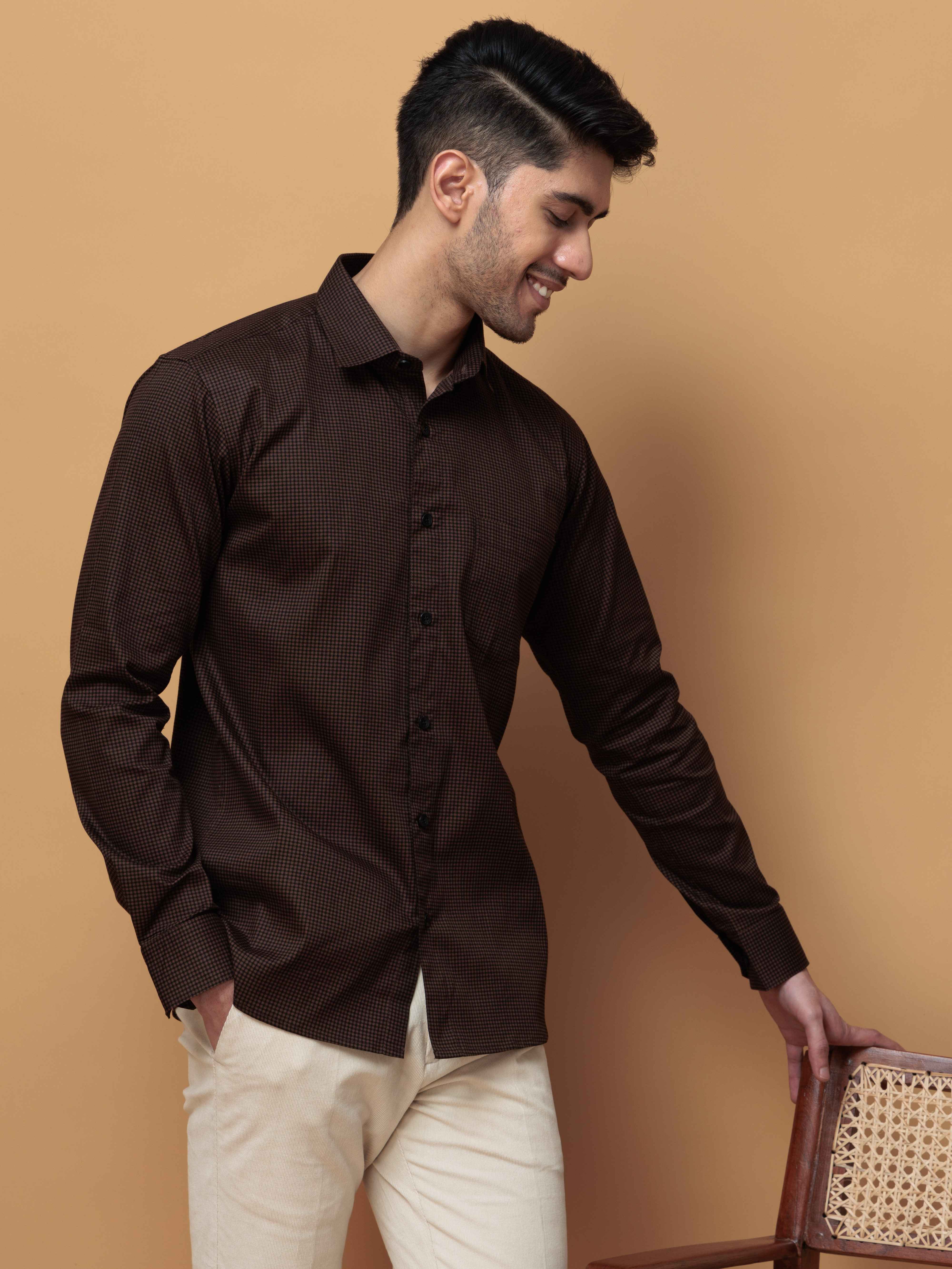 FOOMER BROWN MINI CHECKED COTTON CASUAL SHIRT FOR MEN'S - Image 6