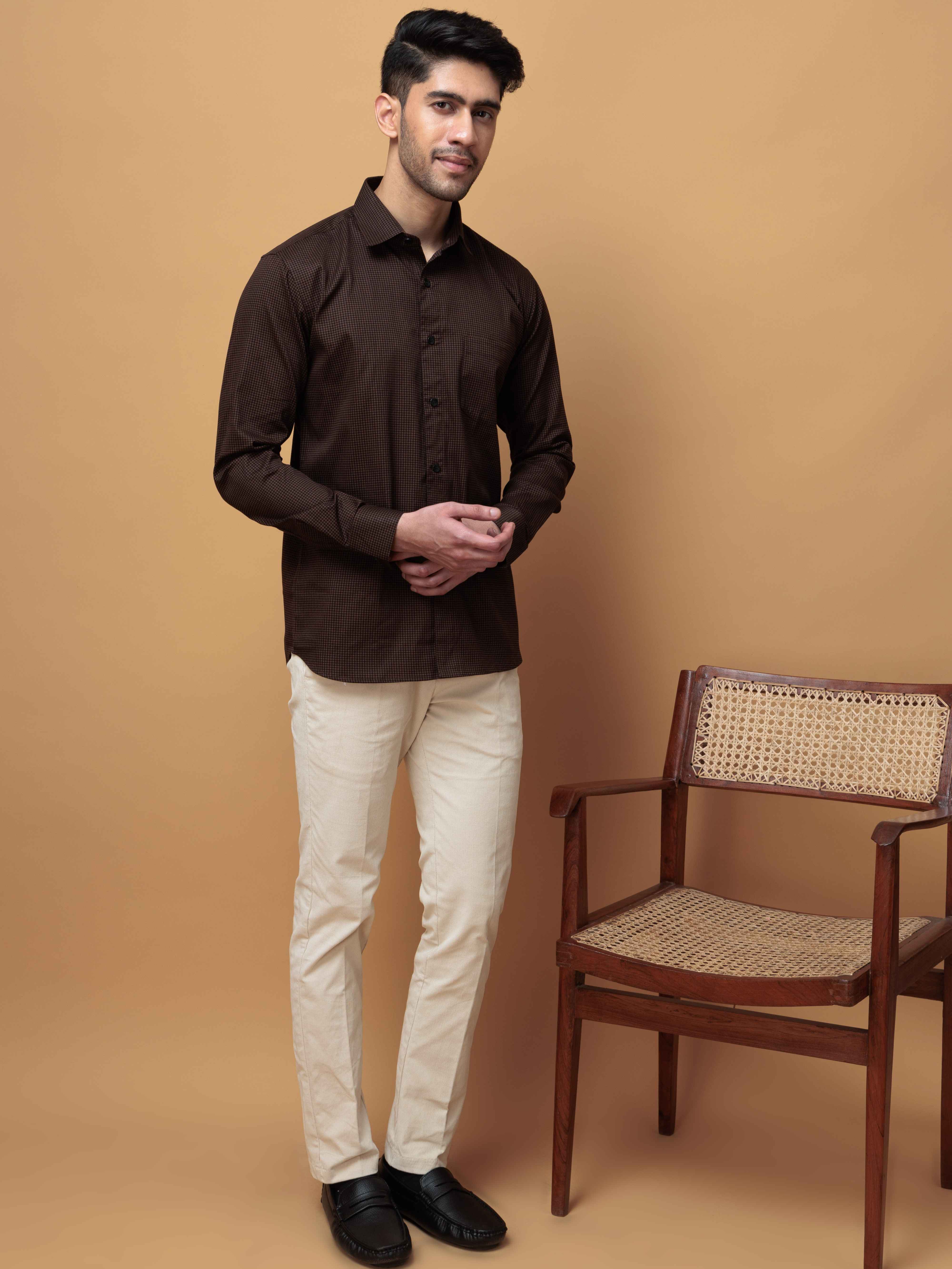 FOOMER BROWN MINI CHECKED COTTON CASUAL SHIRT FOR MEN'S - Image 8