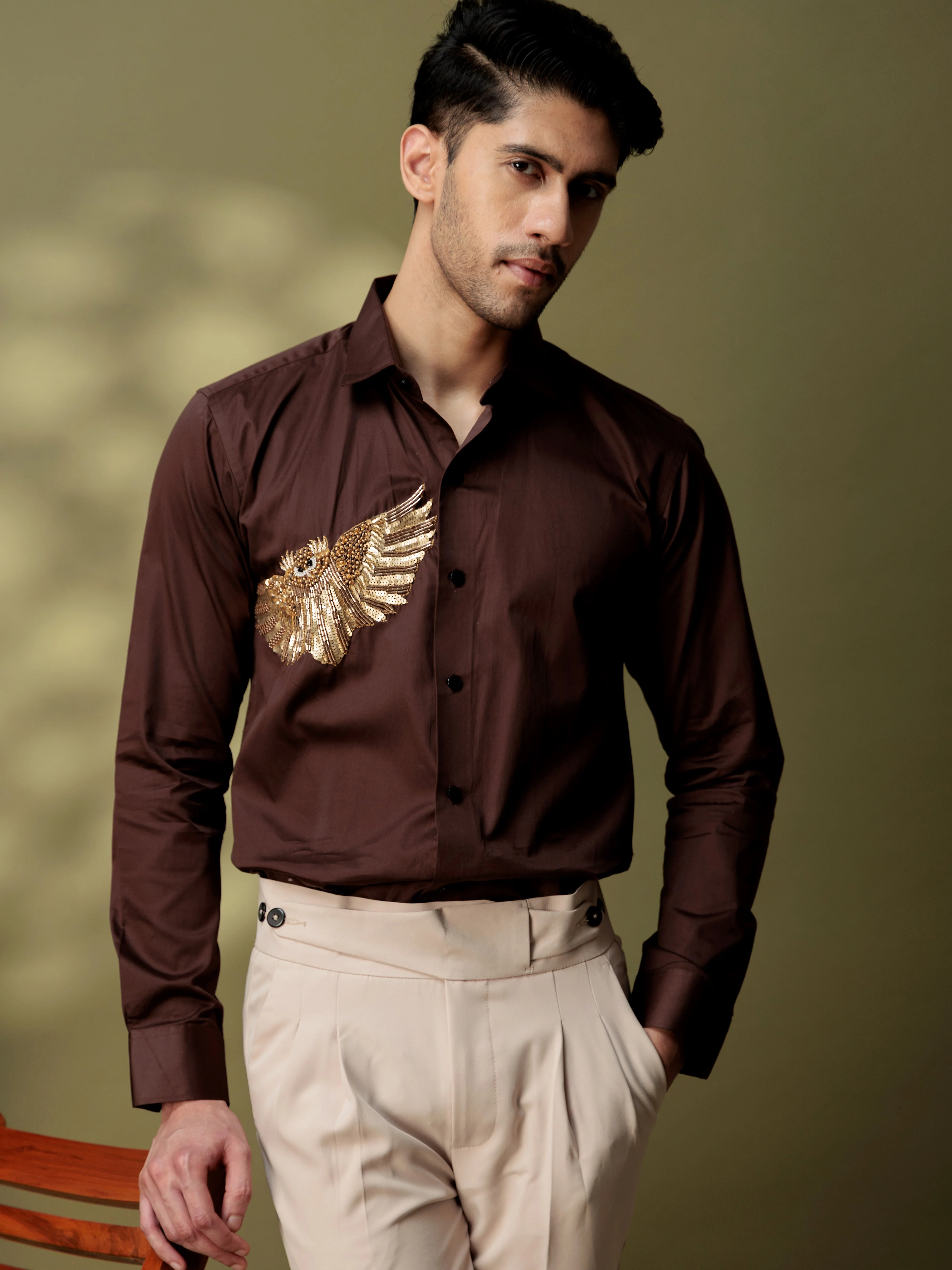 FOOMER BROWN RHINESTONE PARTY SATIN COTTON SHIRT FOR MEN - Image 4