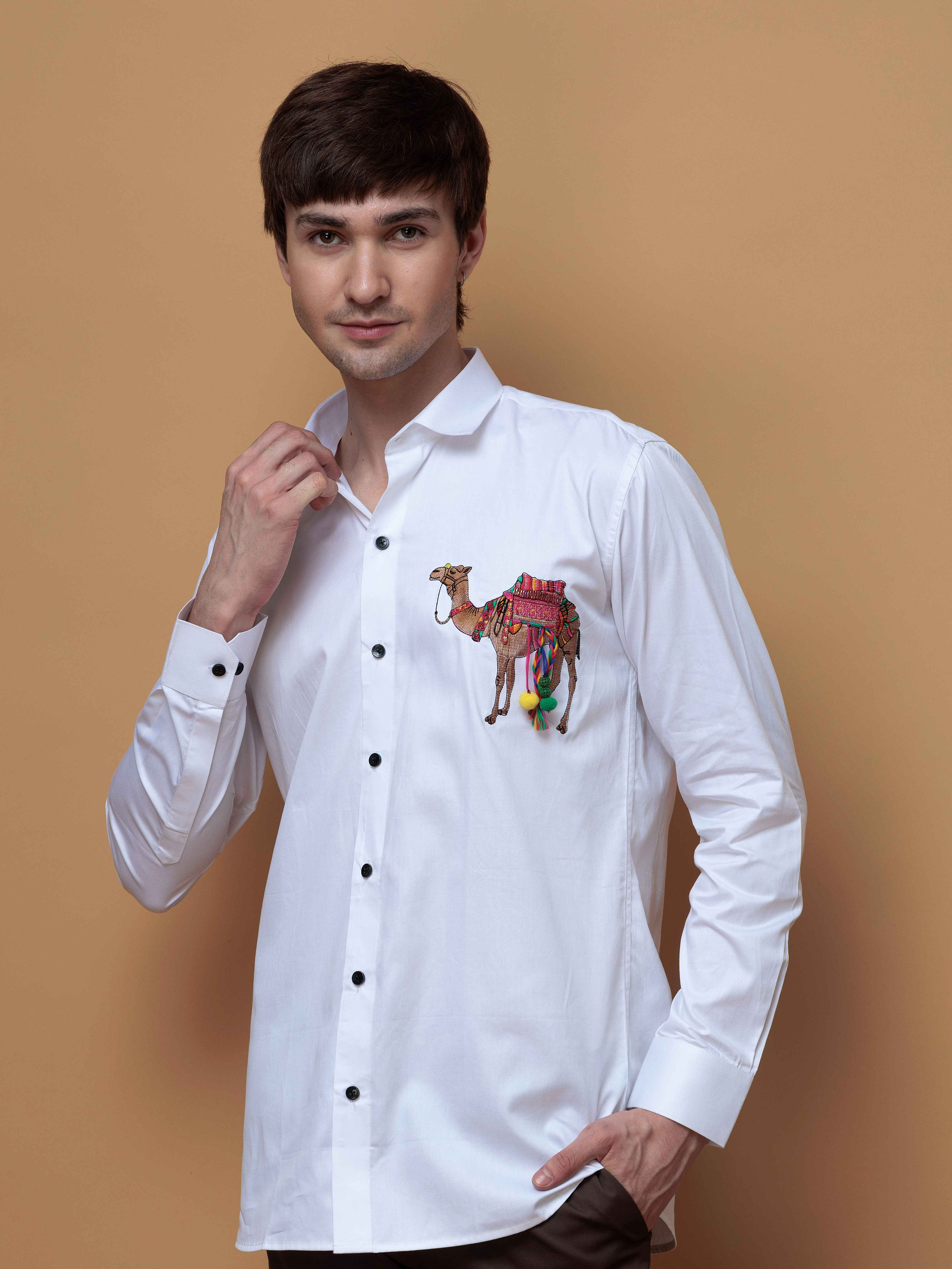 WHITE CAMEL EMBROIDERED DESIGNER SATIN COTTON SHIRT FOR MEN'S - Image 3