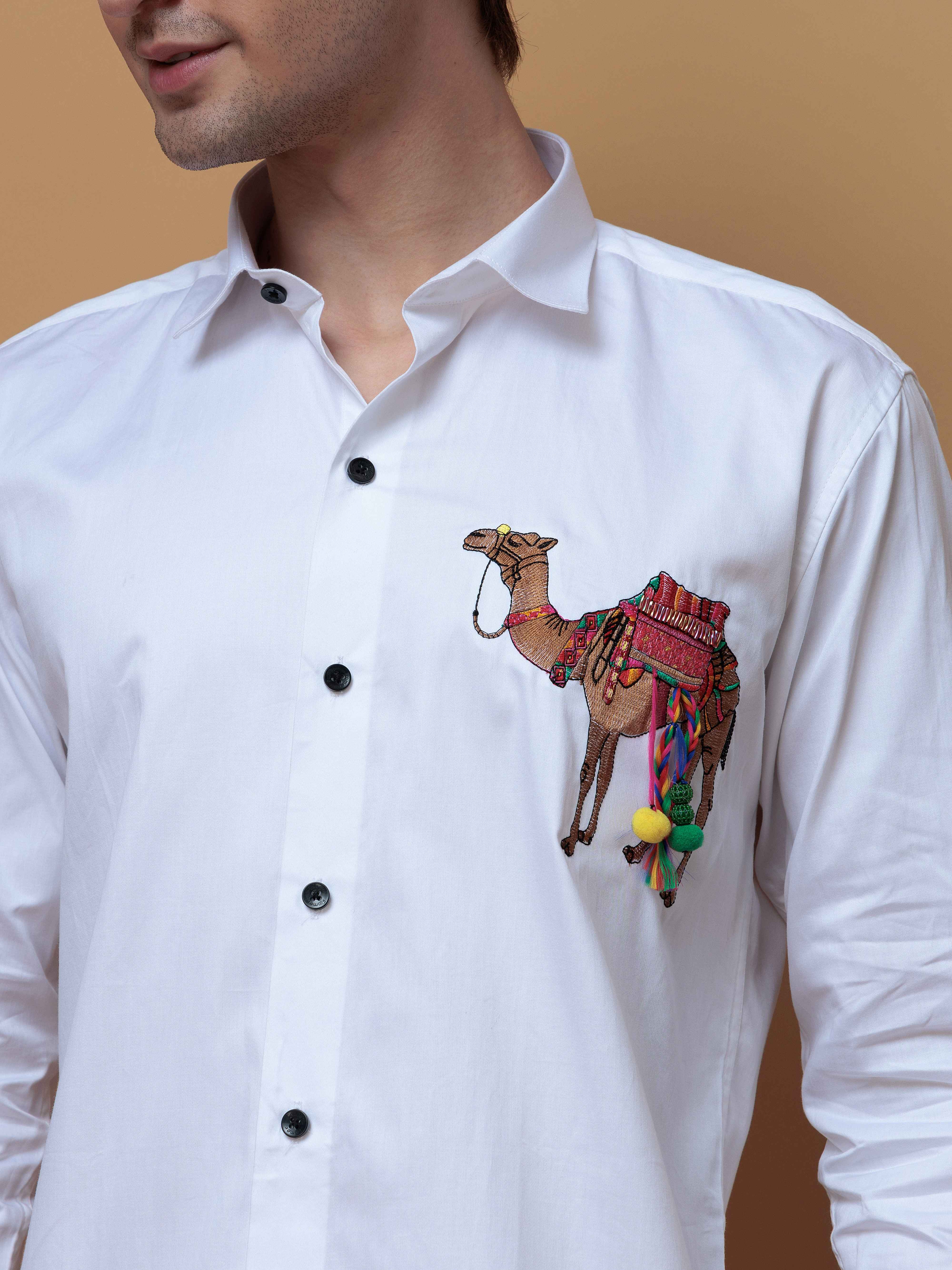 WHITE CAMEL EMBROIDERED DESIGNER SATIN COTTON SHIRT FOR MEN'S - Image 6
