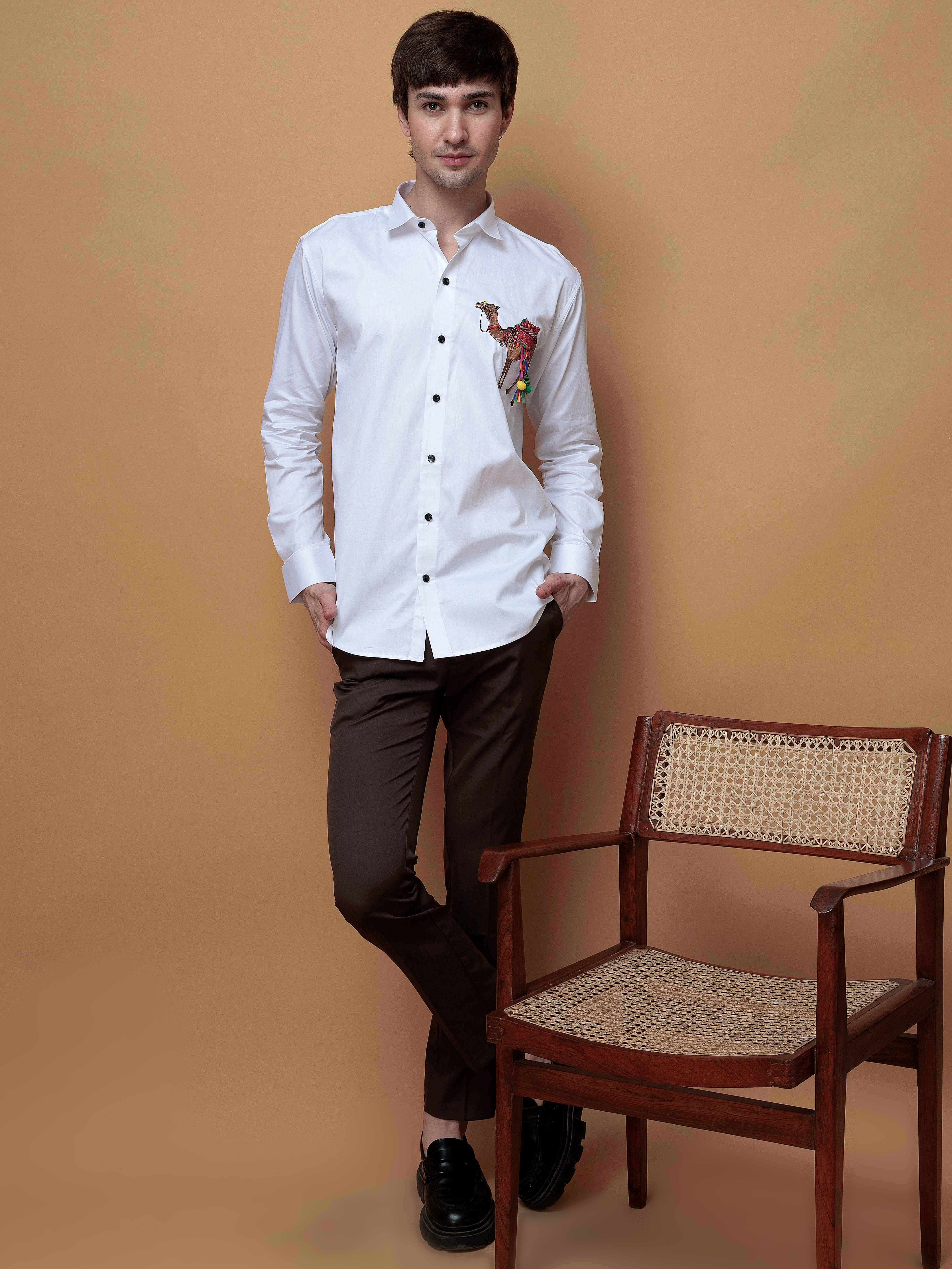 WHITE CAMEL EMBROIDERED DESIGNER SATIN COTTON SHIRT FOR MEN'S - Image 8