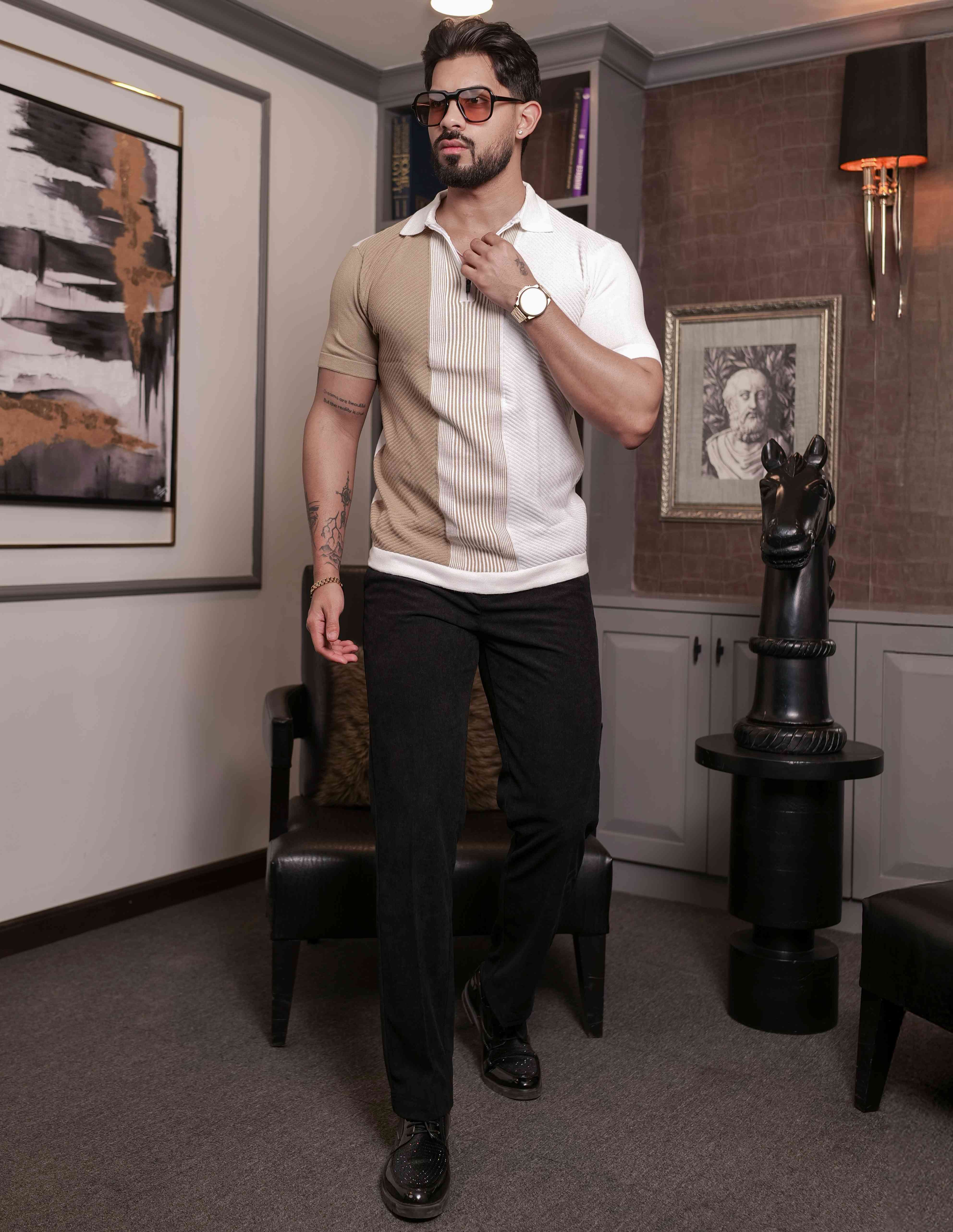 FOOMER CREAM AND WHITE HALF SLEEVE KNITED TSHIRT FOR MEN'S - Image 6