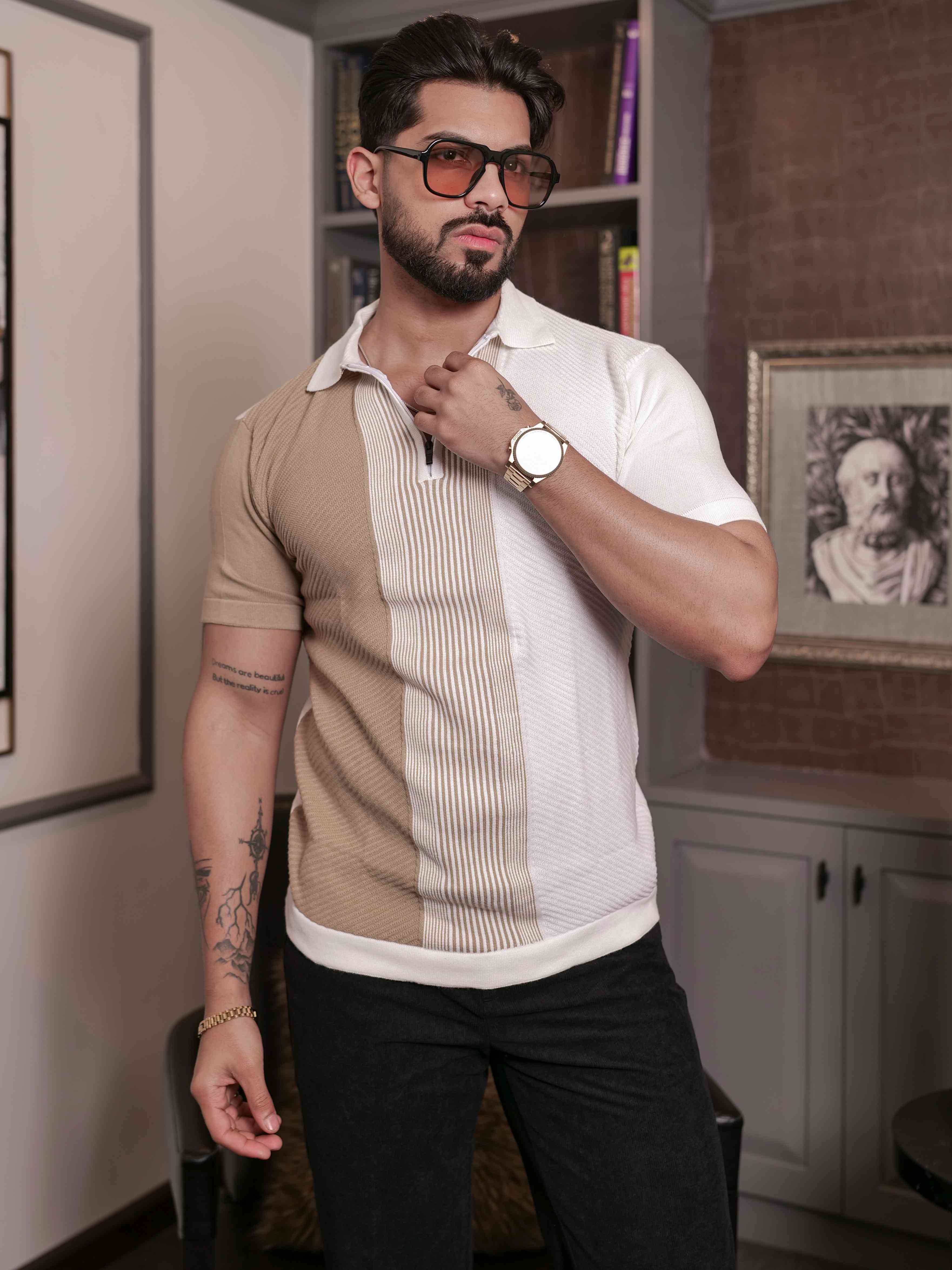 FOOMER CREAM AND WHITE HALF SLEEVE KNITED TSHIRT FOR MEN'S - Image 8
