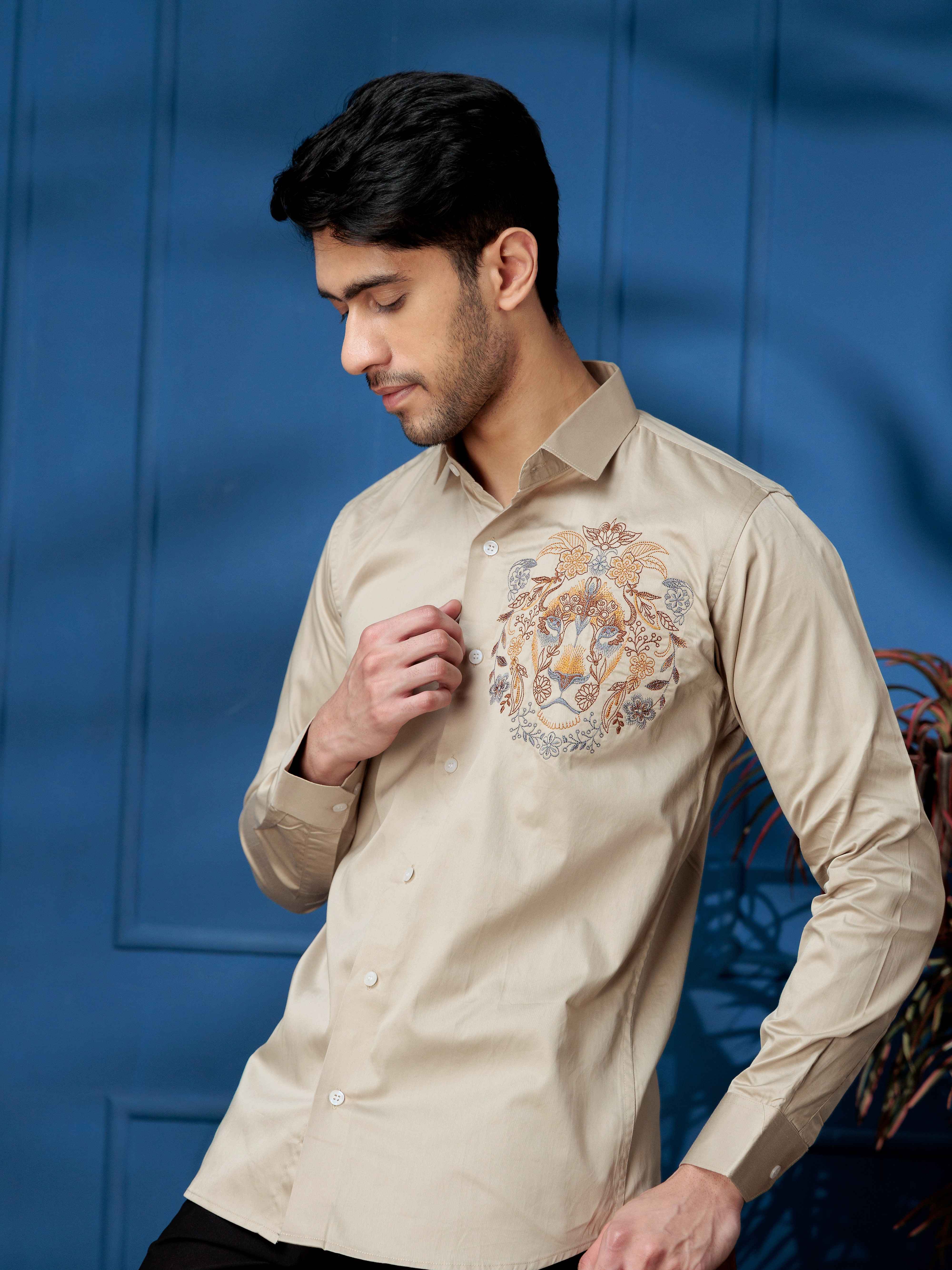 FOOMER CREAM LION EMBROIDERED CLUB WEAR SATIN COTTON SHIRT - Image 3