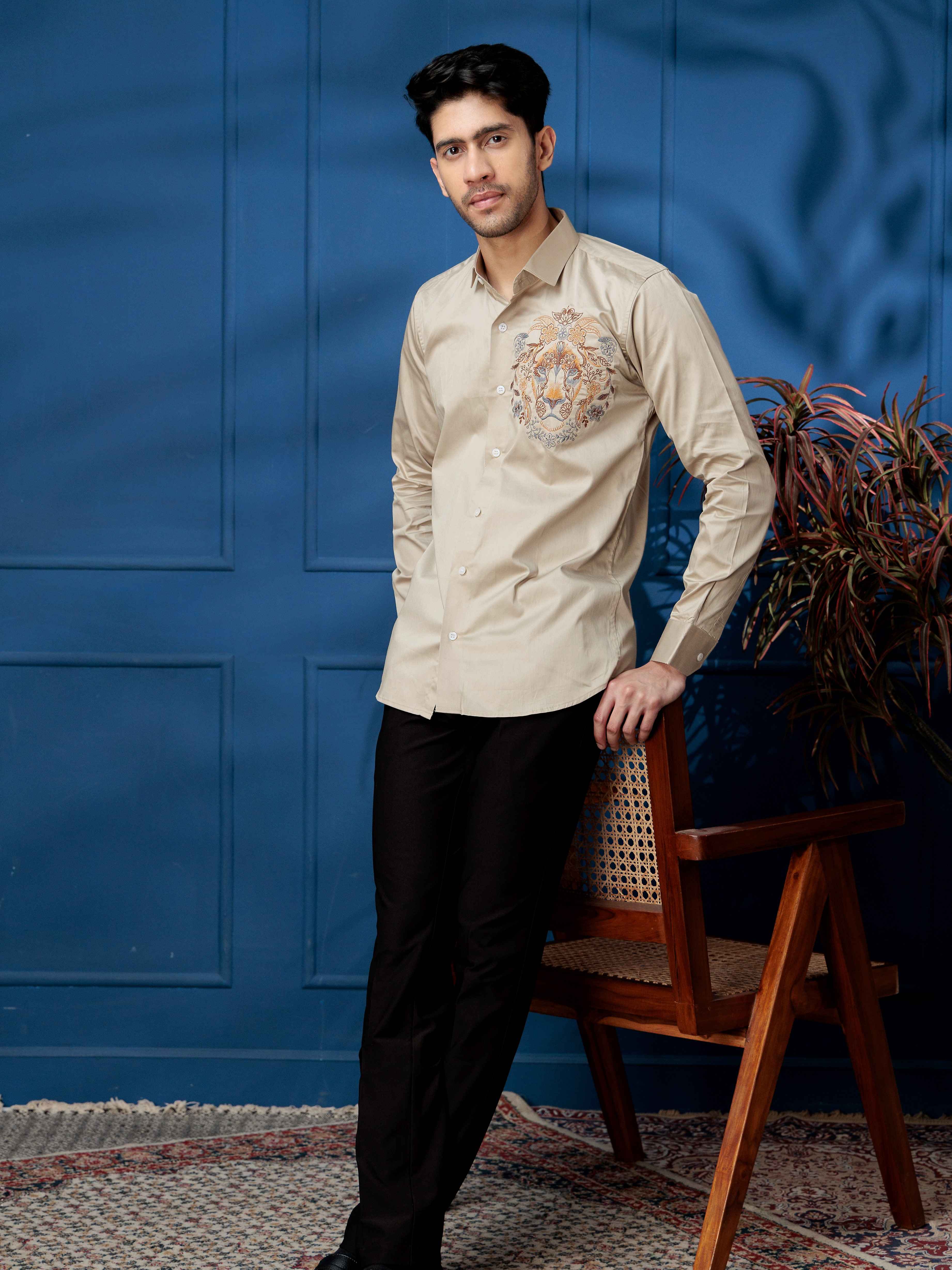 FOOMER CREAM LION EMBROIDERED CLUB WEAR SATIN COTTON SHIRT - Image 4