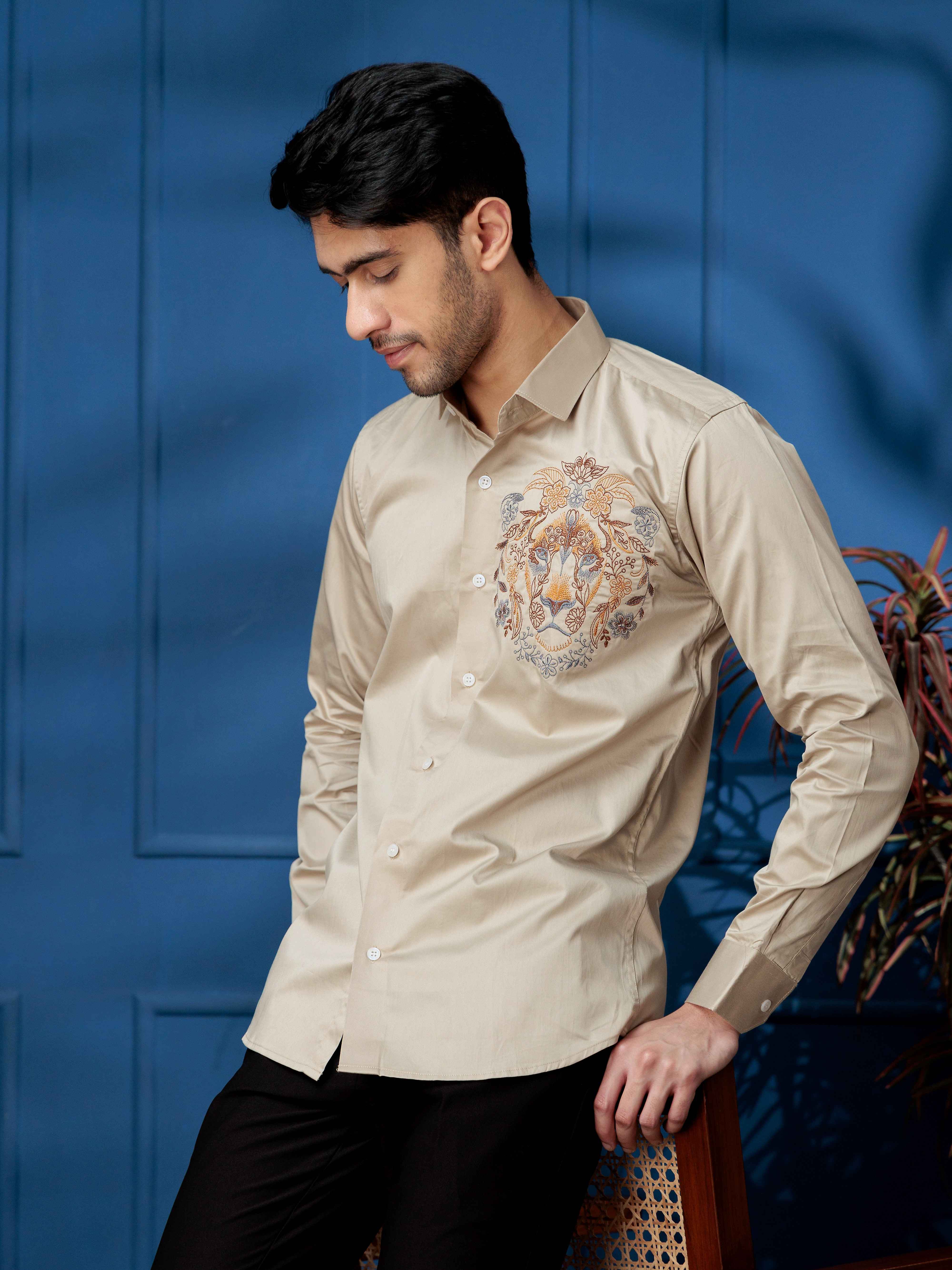 FOOMER CREAM LION EMBROIDERED CLUB WEAR SATIN COTTON SHIRT - Image 5