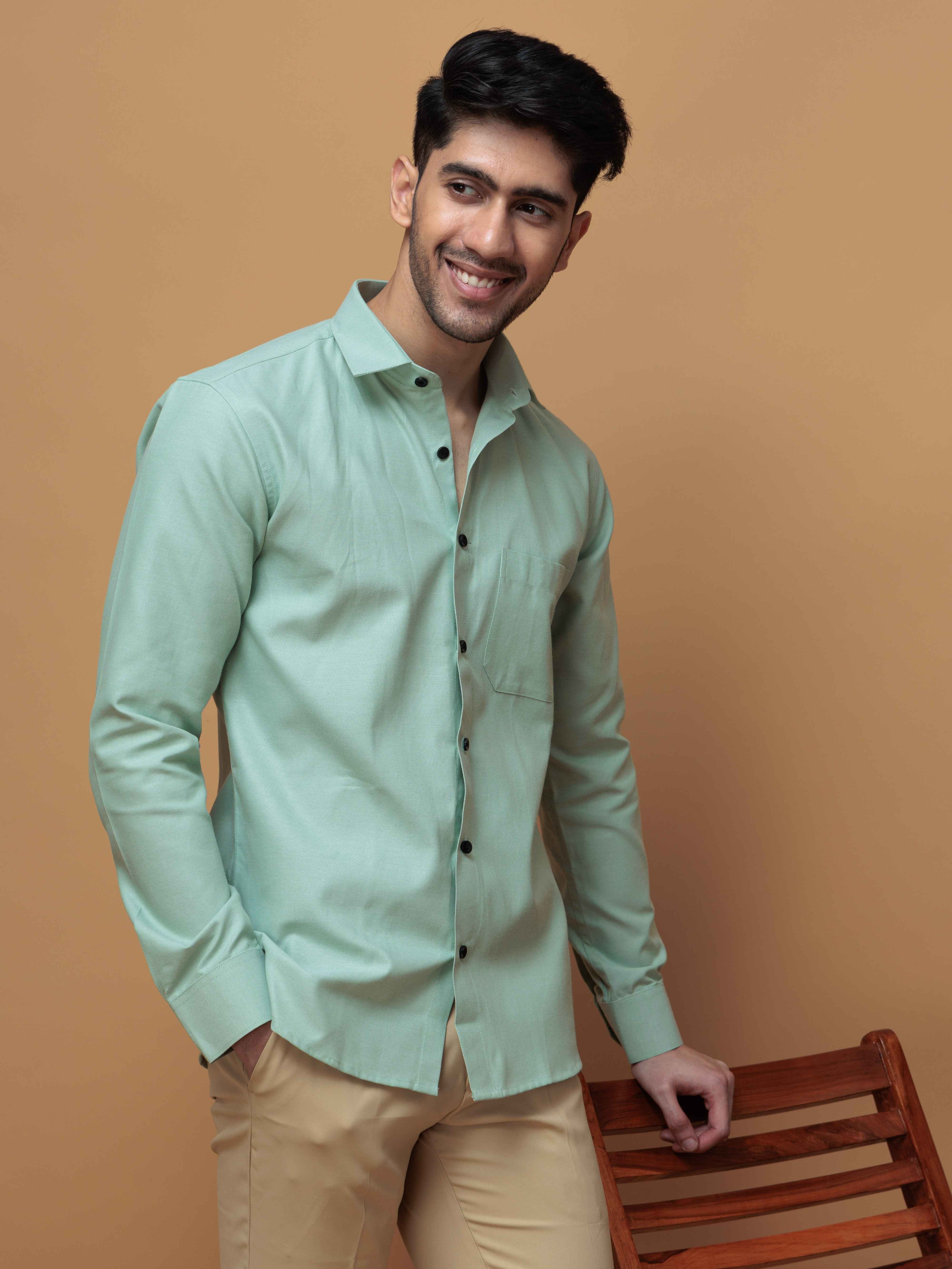 FORMAL GREEN PLAIN OXFORD COTTON CASUAL SHIRT FOR MEN'S - Image 2