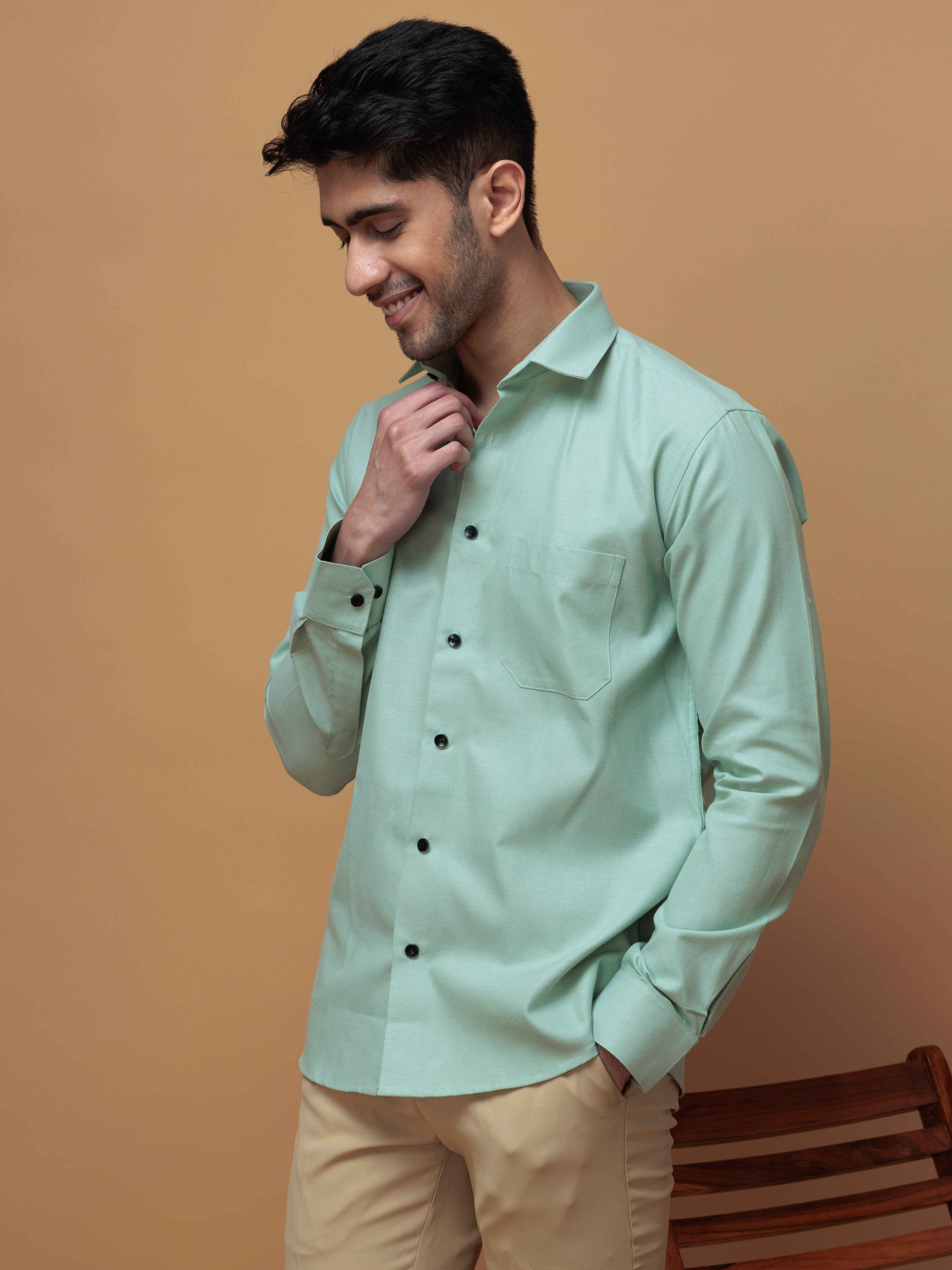 FORMAL GREEN PLAIN OXFORD COTTON CASUAL SHIRT FOR MEN'S - Image 7