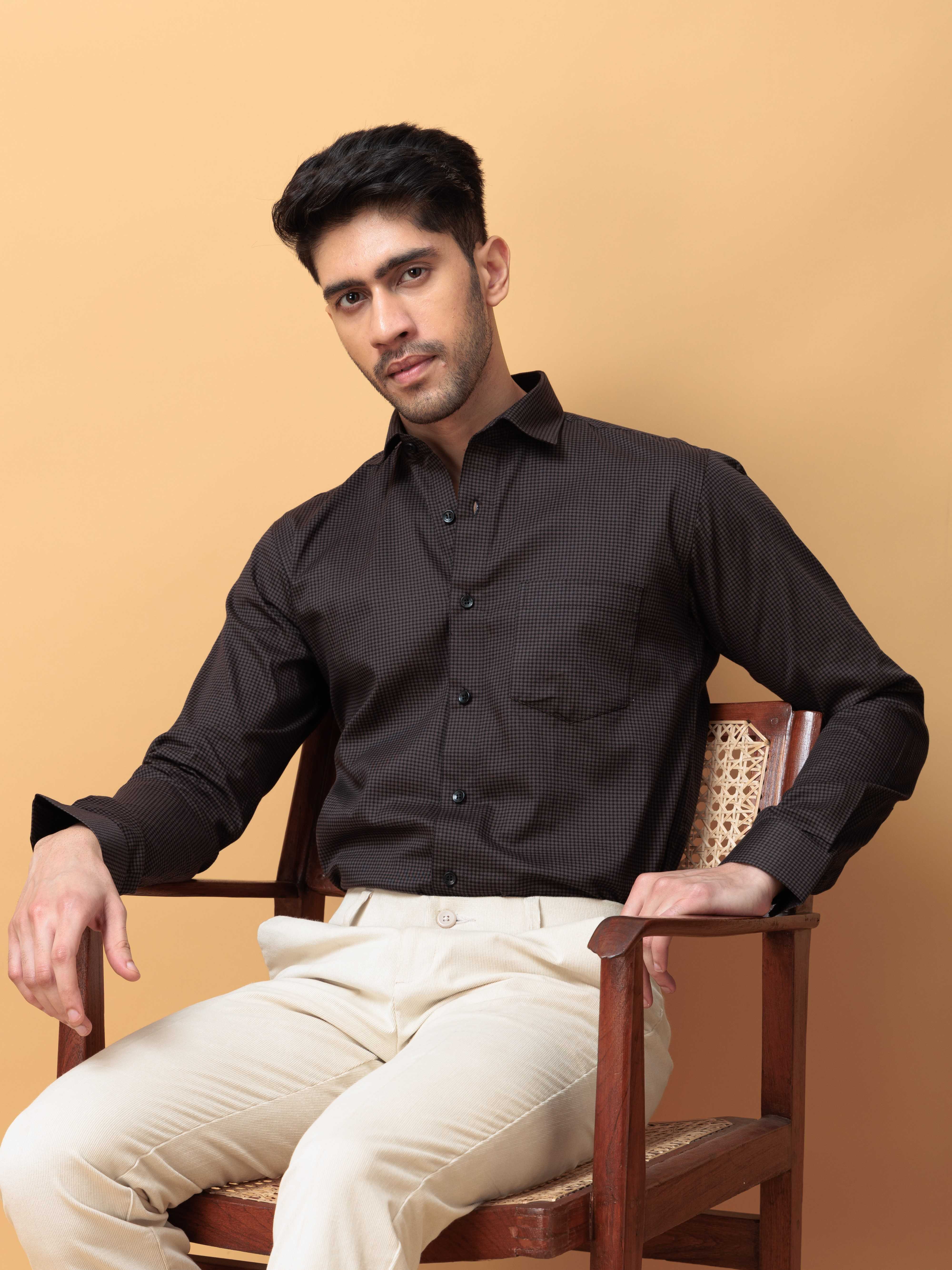 FOOMER DARK GREY MINI CHECKED COTTON CASUAL SHIRT FOR MEN'S - Image 6