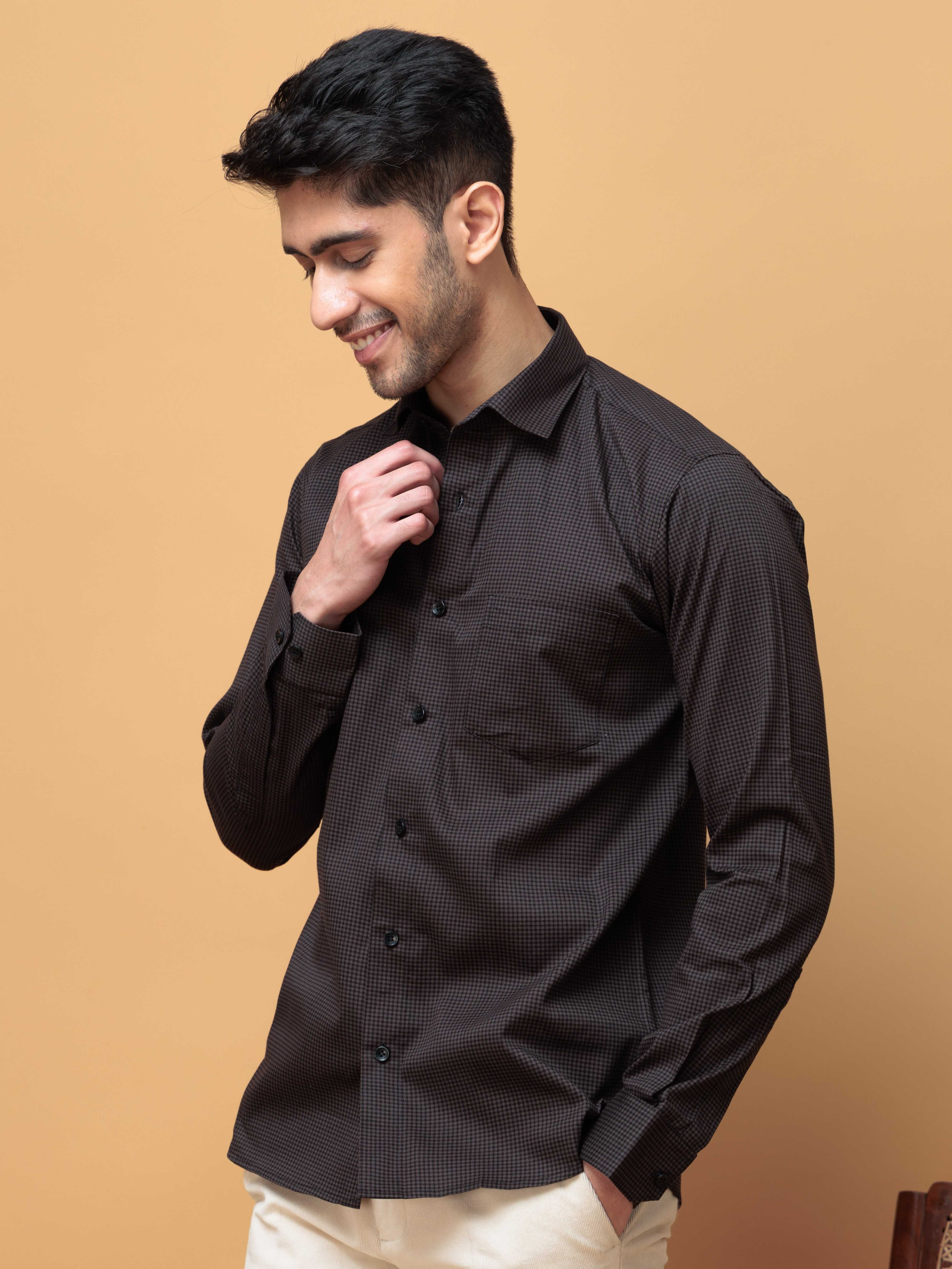 FOOMER DARK GREY MINI CHECKED COTTON CASUAL SHIRT FOR MEN'S - Image 7