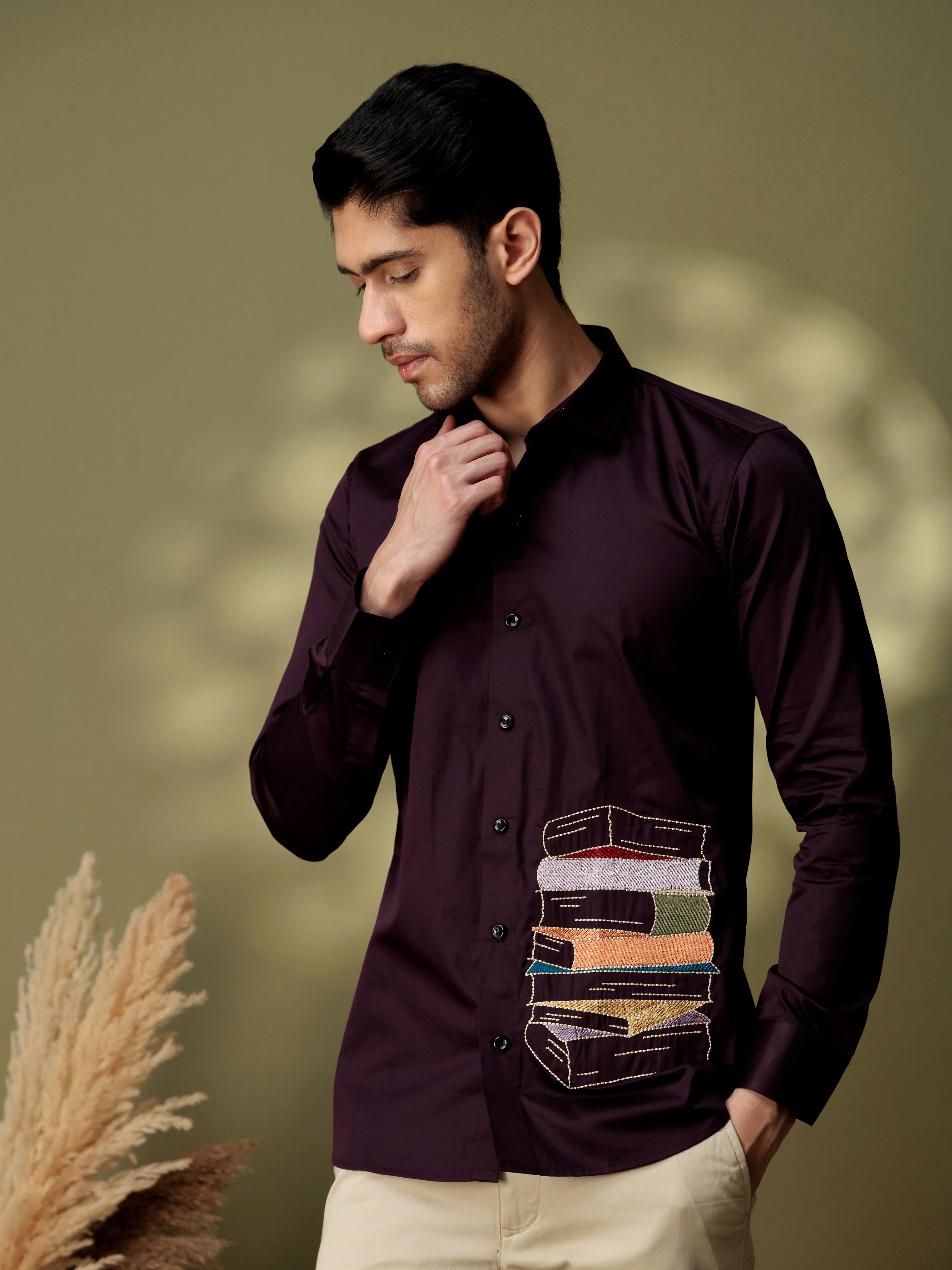 FOOMER DARK PURPLE EMBROIDERED DESIGNER WEAR SATIN COTTON SHIRT - Image 2