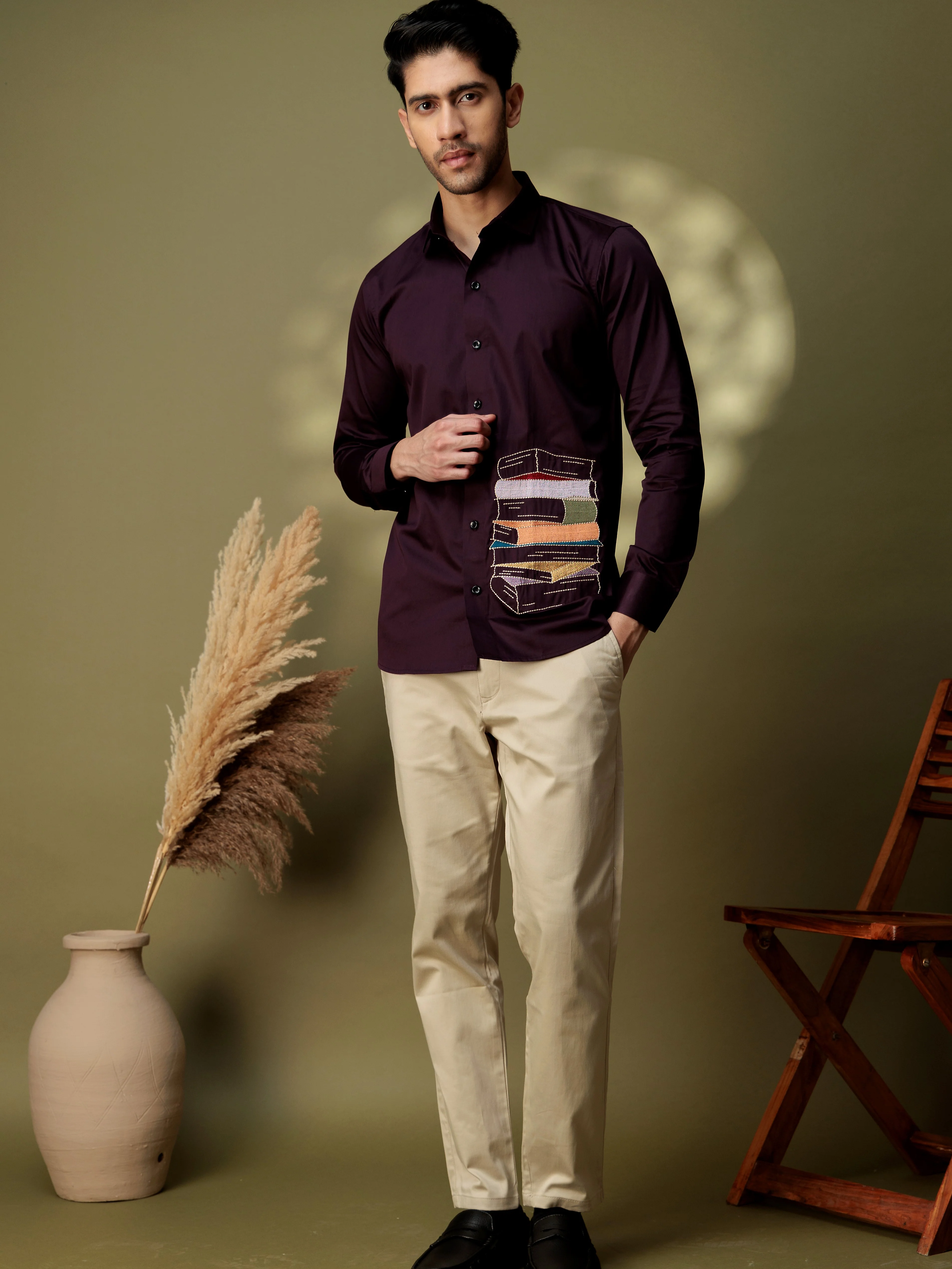 FOOMER DARK PURPLE EMBROIDERED DESIGNER WEAR SATIN COTTON SHIRT - Image 3
