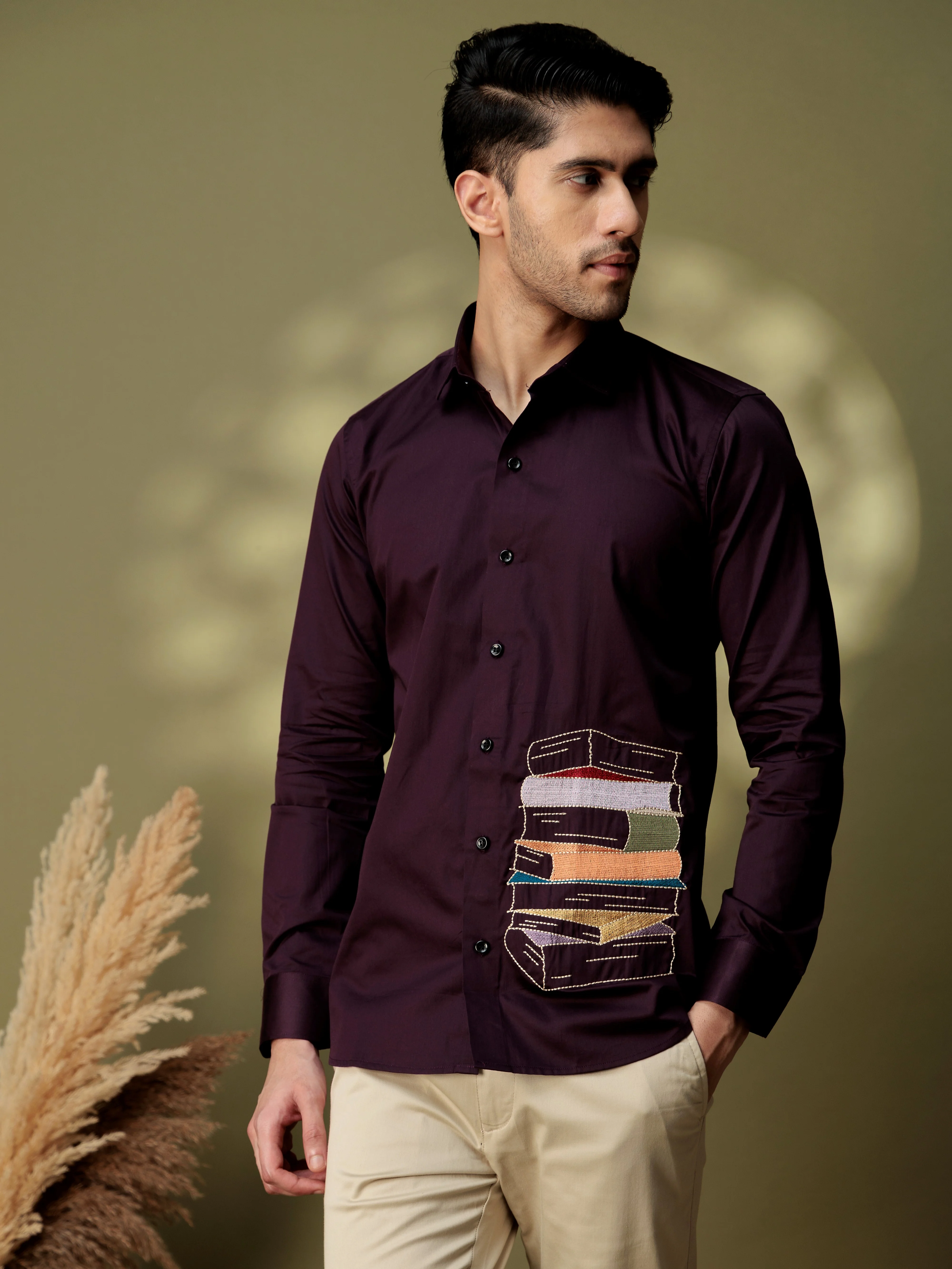 FOOMER DARK PURPLE EMBROIDERED DESIGNER WEAR SATIN COTTON SHIRT - Image 4