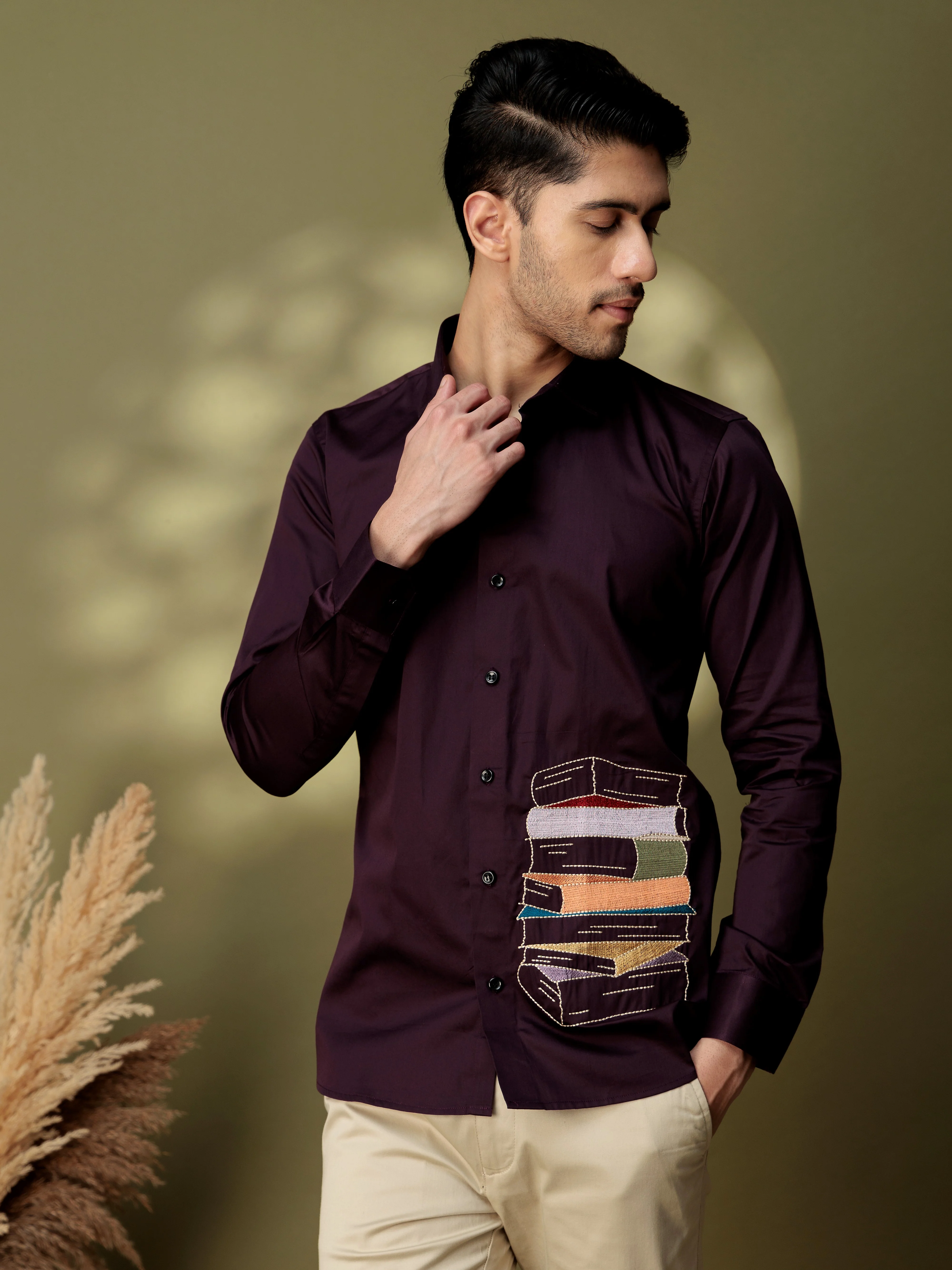 FOOMER DARK PURPLE EMBROIDERED DESIGNER WEAR SATIN COTTON SHIRT - Image 5