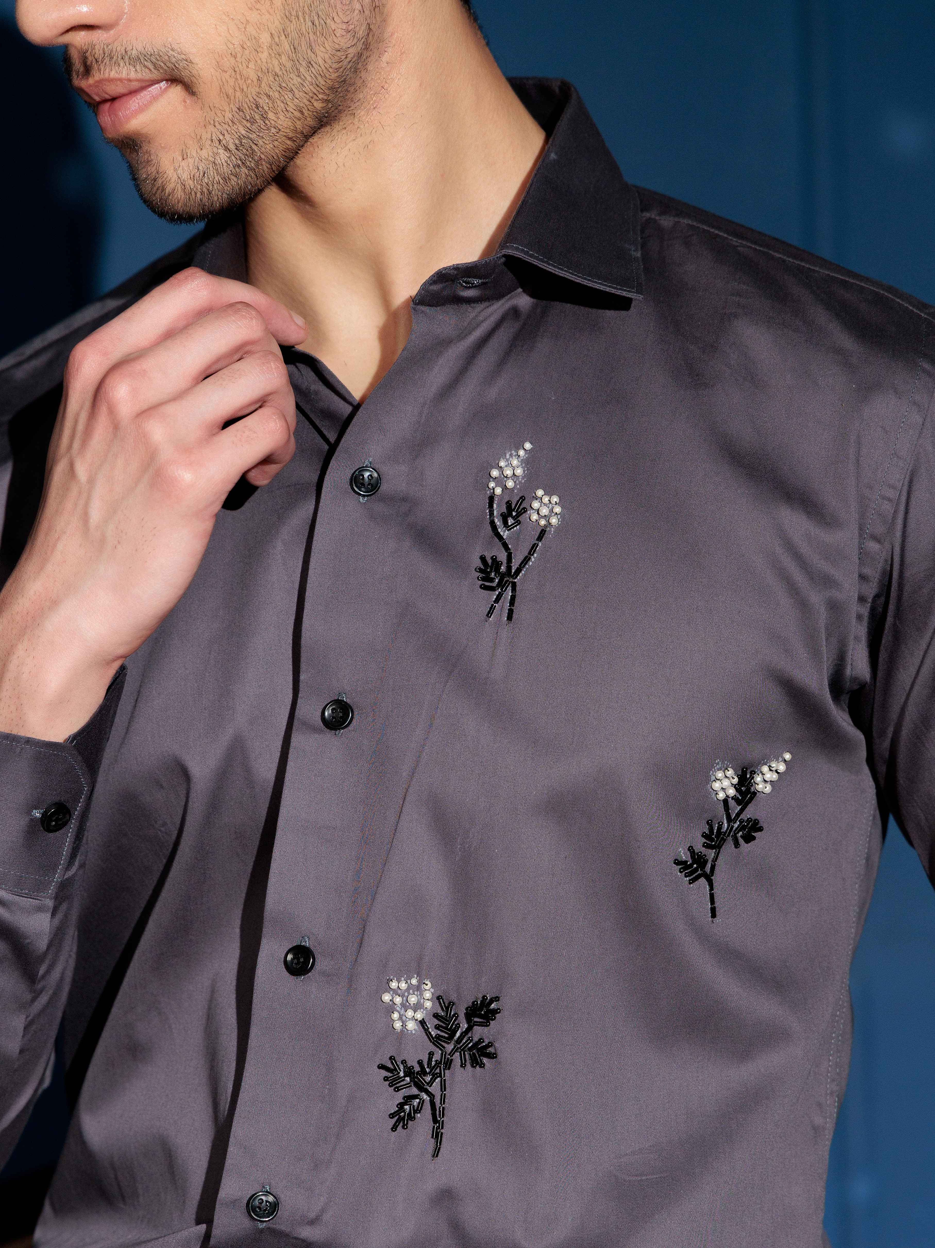 FOOMER FLORAL HD RHINESTONE HAND WORK SATIN COTTON SHIRT - Image 2