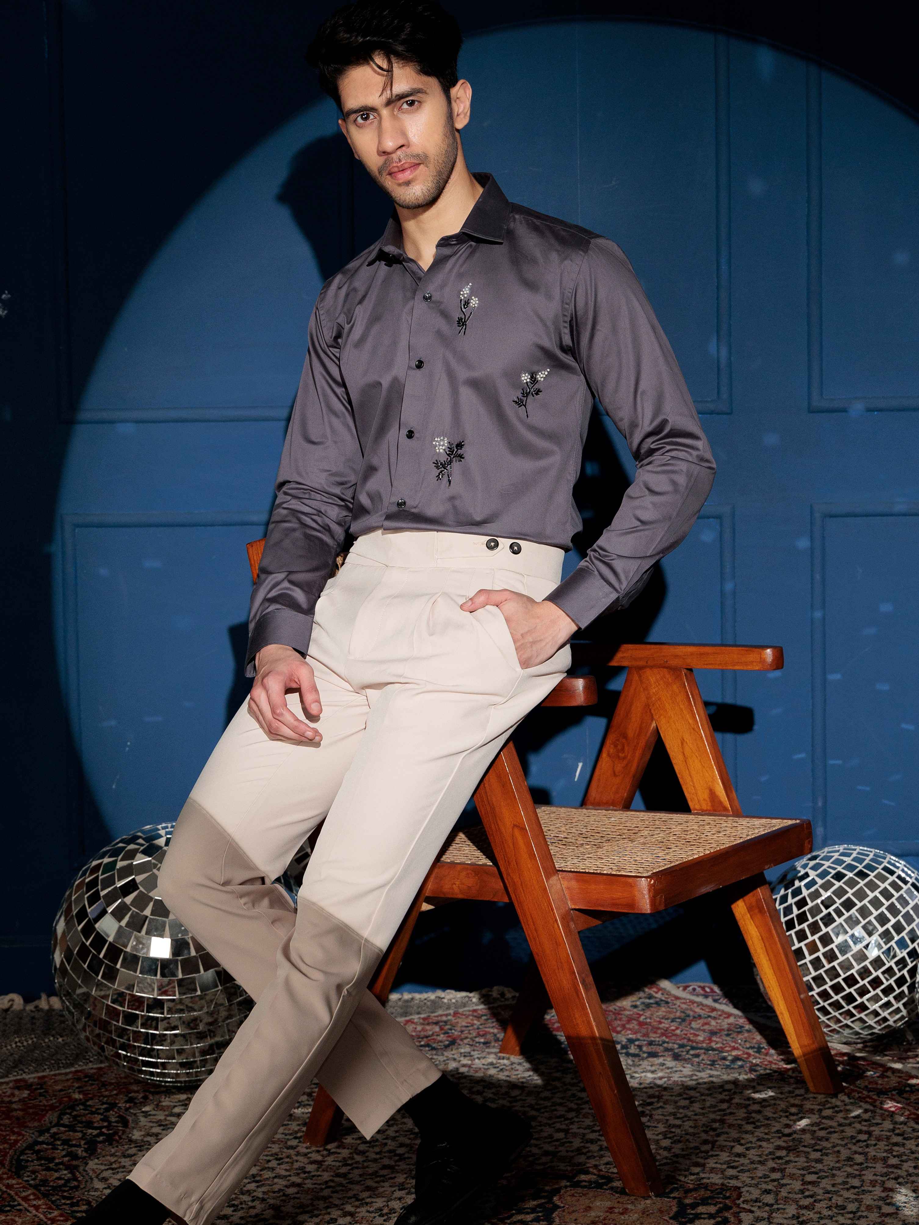 FOOMER FLORAL HD RHINESTONE HAND WORK SATIN COTTON SHIRT - Image 5