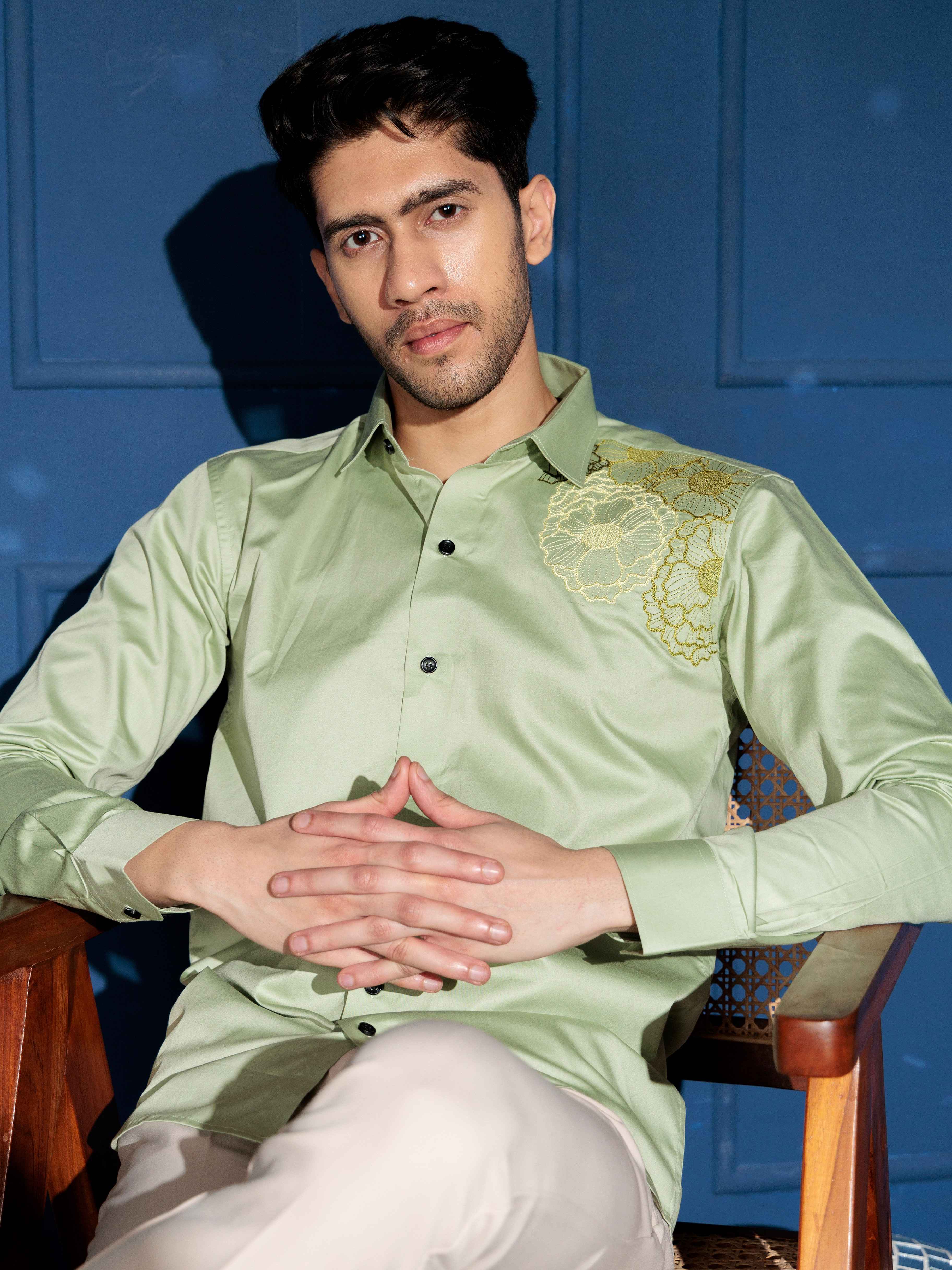 FOOMER FLOWER EMBROIDERED CLUB WEAR SATIN COTTON SHIRT - Image 6