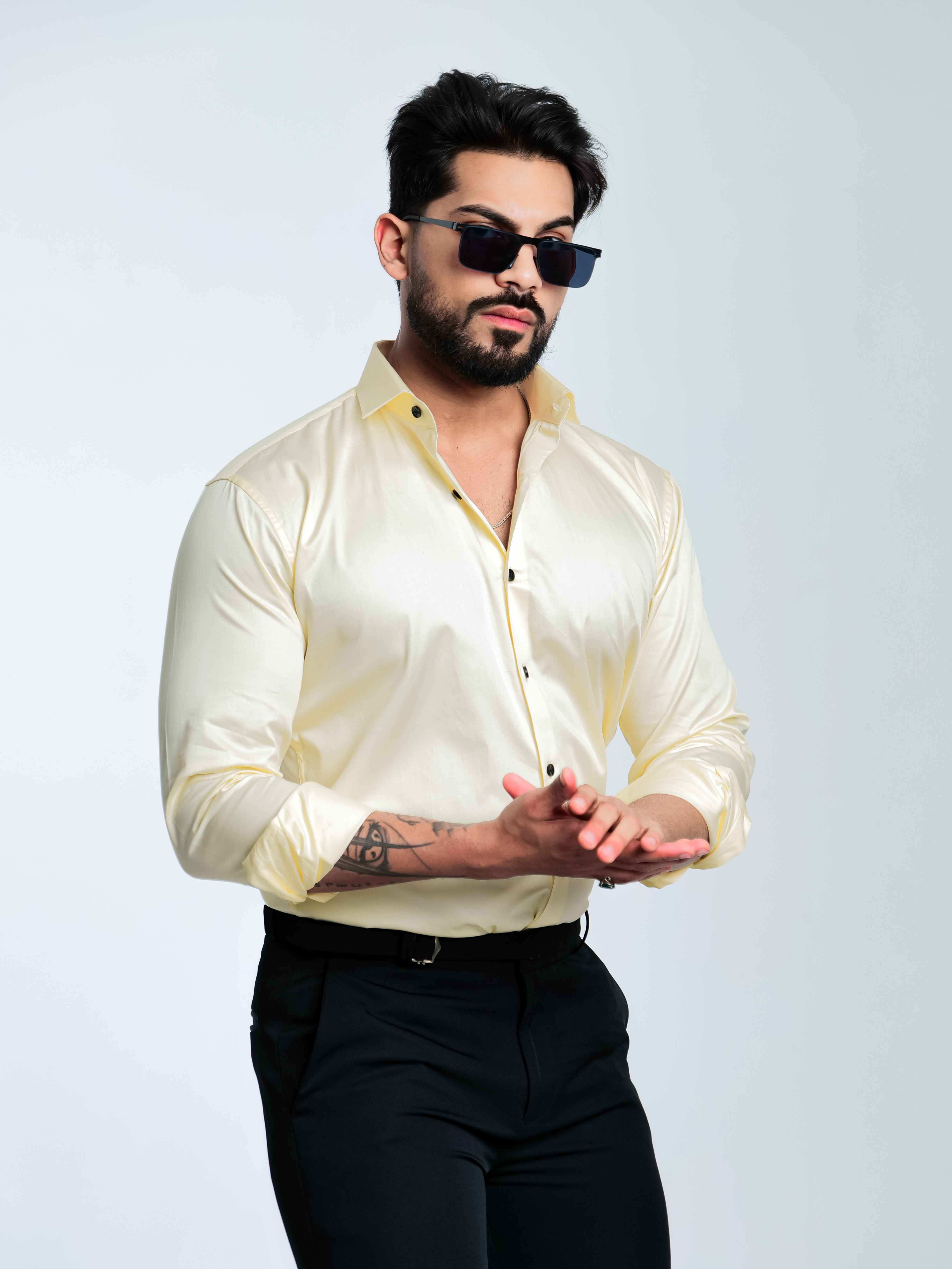 FOOMER FORMY LIGHT YELLOW LUXURY SATIN SHIRT FOR MEN'S - Image 4