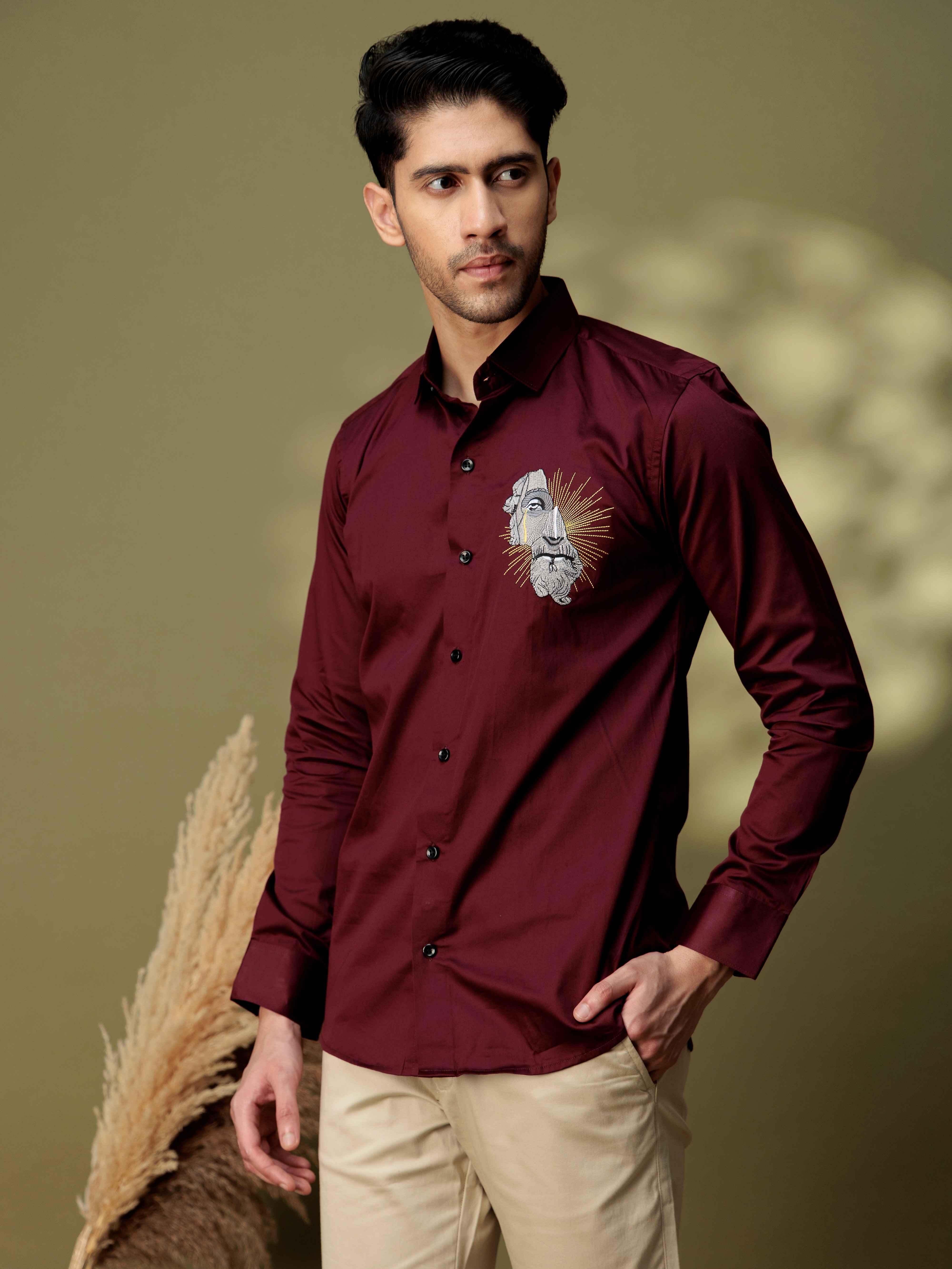 FOOMER GREEK STATUE EMBROIDERY DESIGNER  MAROON SATIN SHIRT FOR MEN