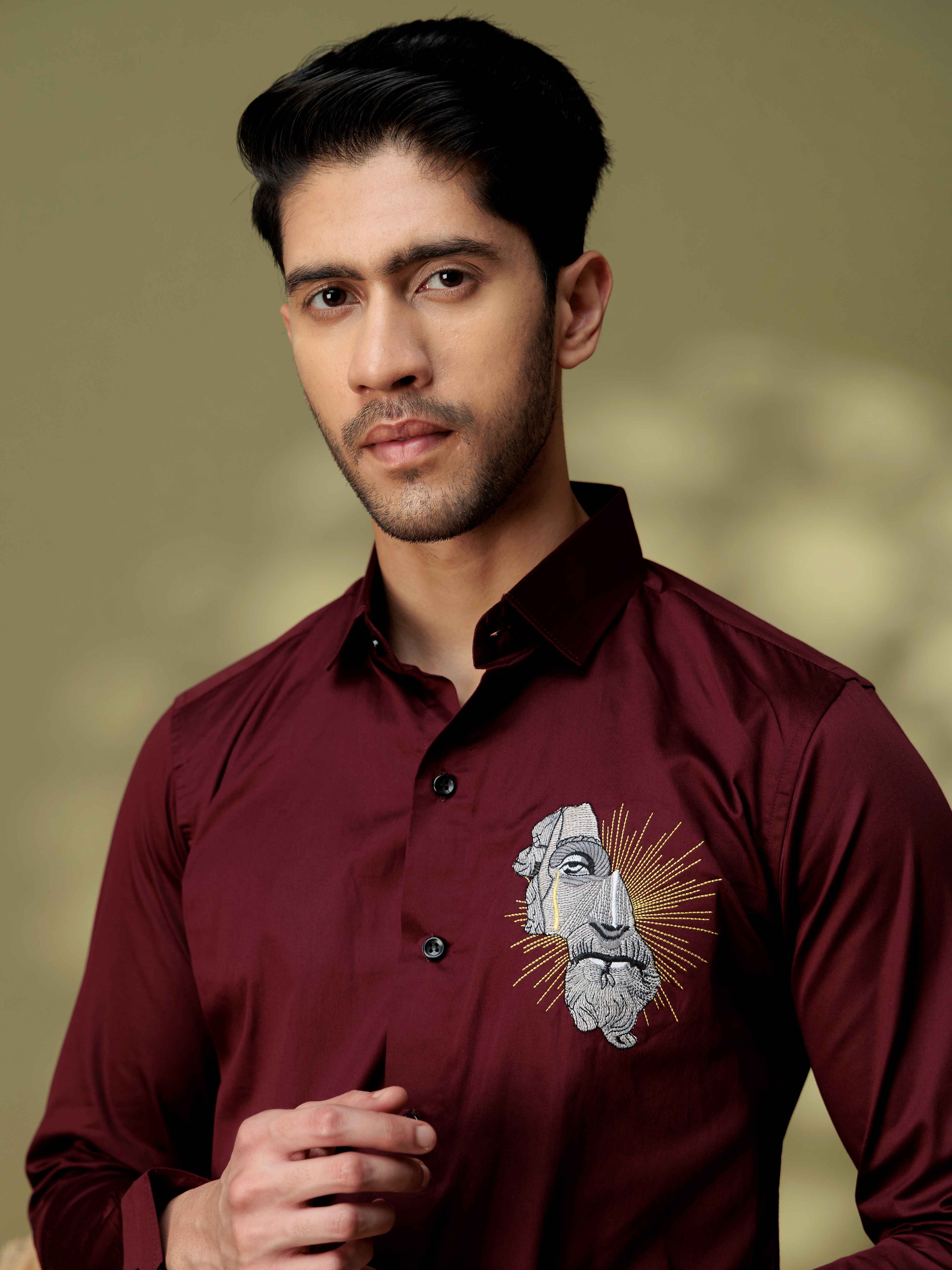 FOOMER GREEK STATUE EMBROIDERY DESIGNER  MAROON SATIN SHIRT FOR MEN - Image 2